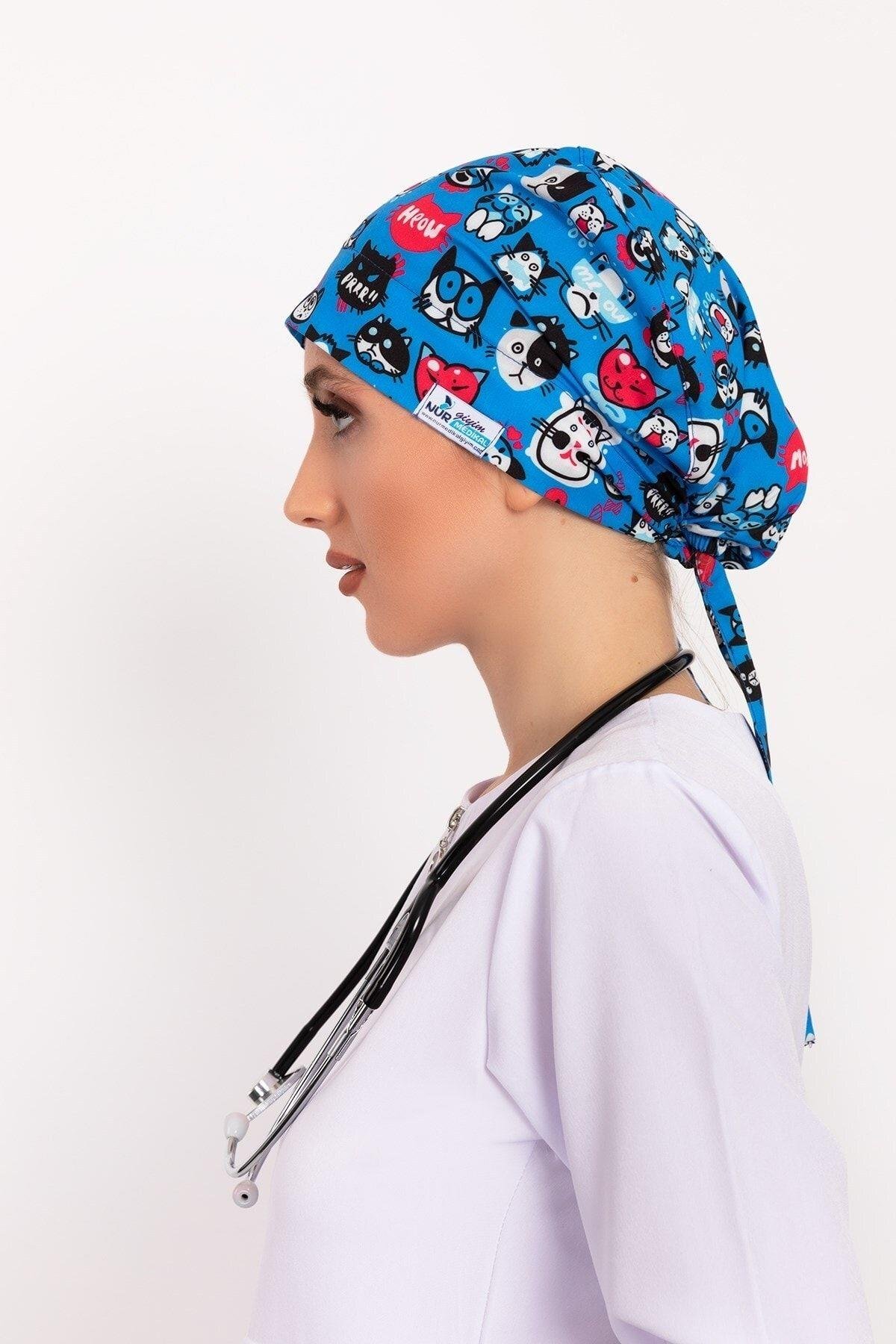 Meow Kedi Desenli Tesettür Doktor Hemşire Hastane Aşçı Cerrahi Bone-Nur Medikal Giyim