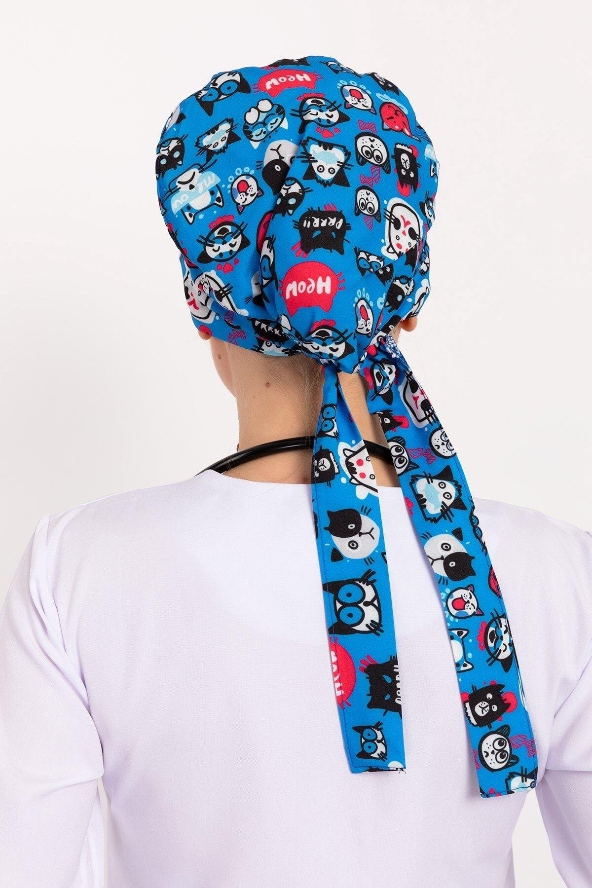 Meow Kedi Desenli Tesettür Doktor Hemşire Hastane Aşçı Cerrahi Bone-Nur Medikal Giyim