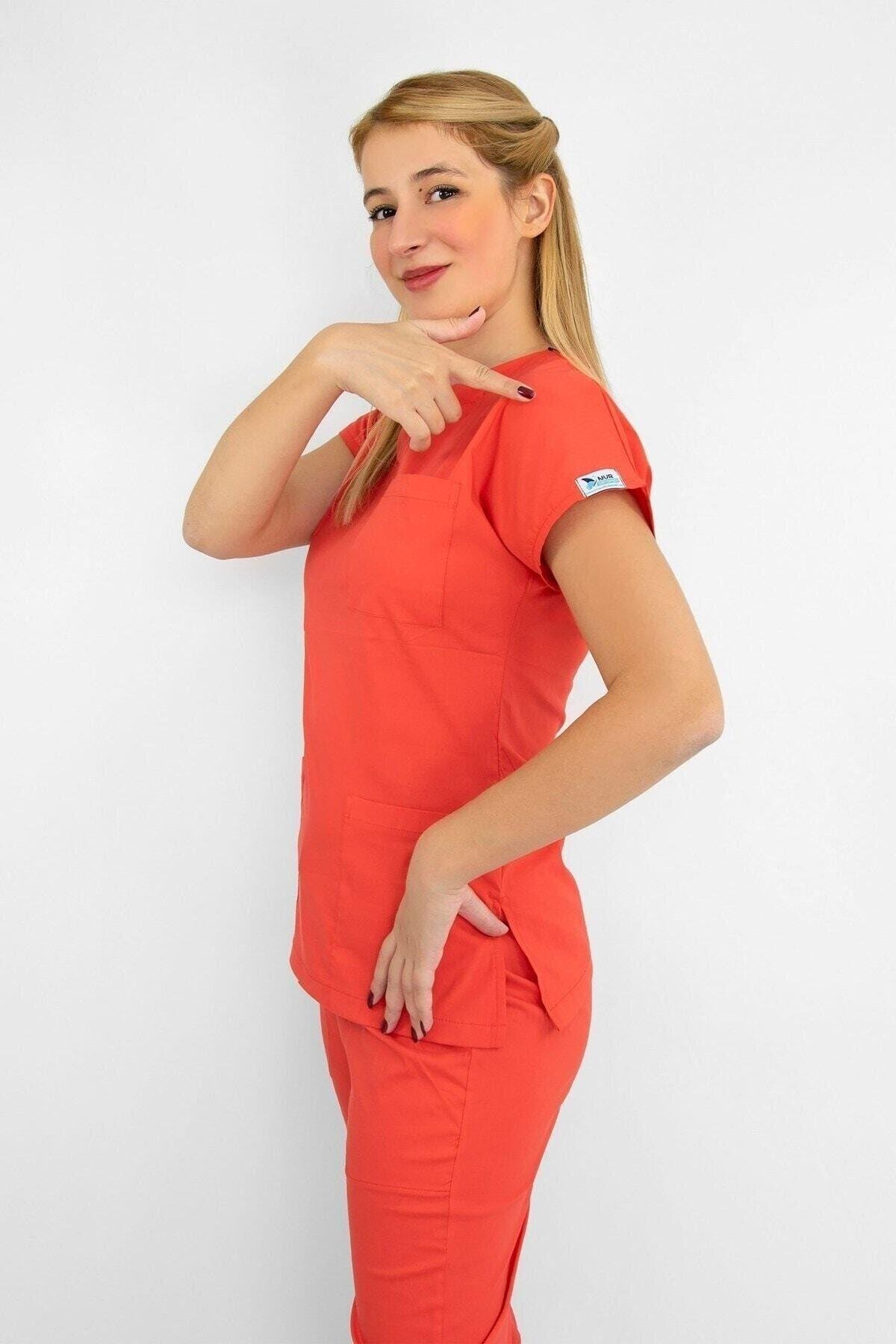 Mercan Rengi Likralı Alt Üst Takım-Nur Medikal Giyim