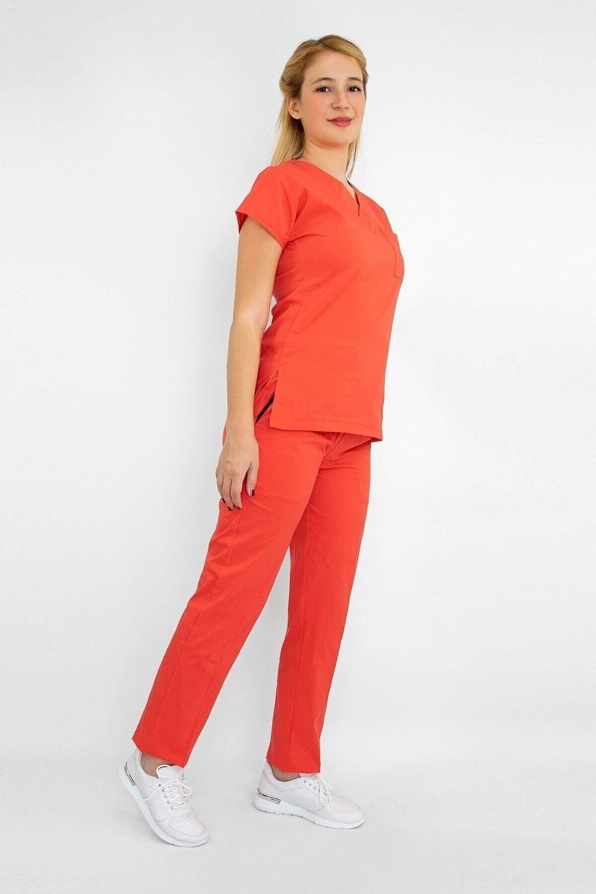 Mercan Rengi Likralı Alt Üst Takım-Nur Medikal Giyim