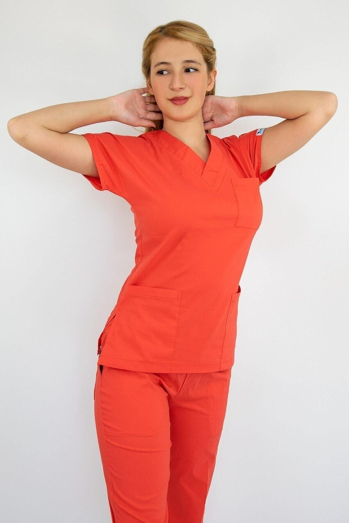 Mercan Rengi Likralı Alt Üst Takım-Nur Medikal Giyim