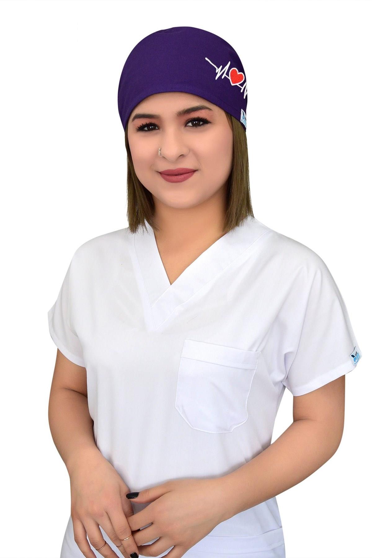 Mor Kalp Ritimli Doktor Hemşire Cerrahi Hastane Aşçı Bonesi-Nur Medikal Giyim