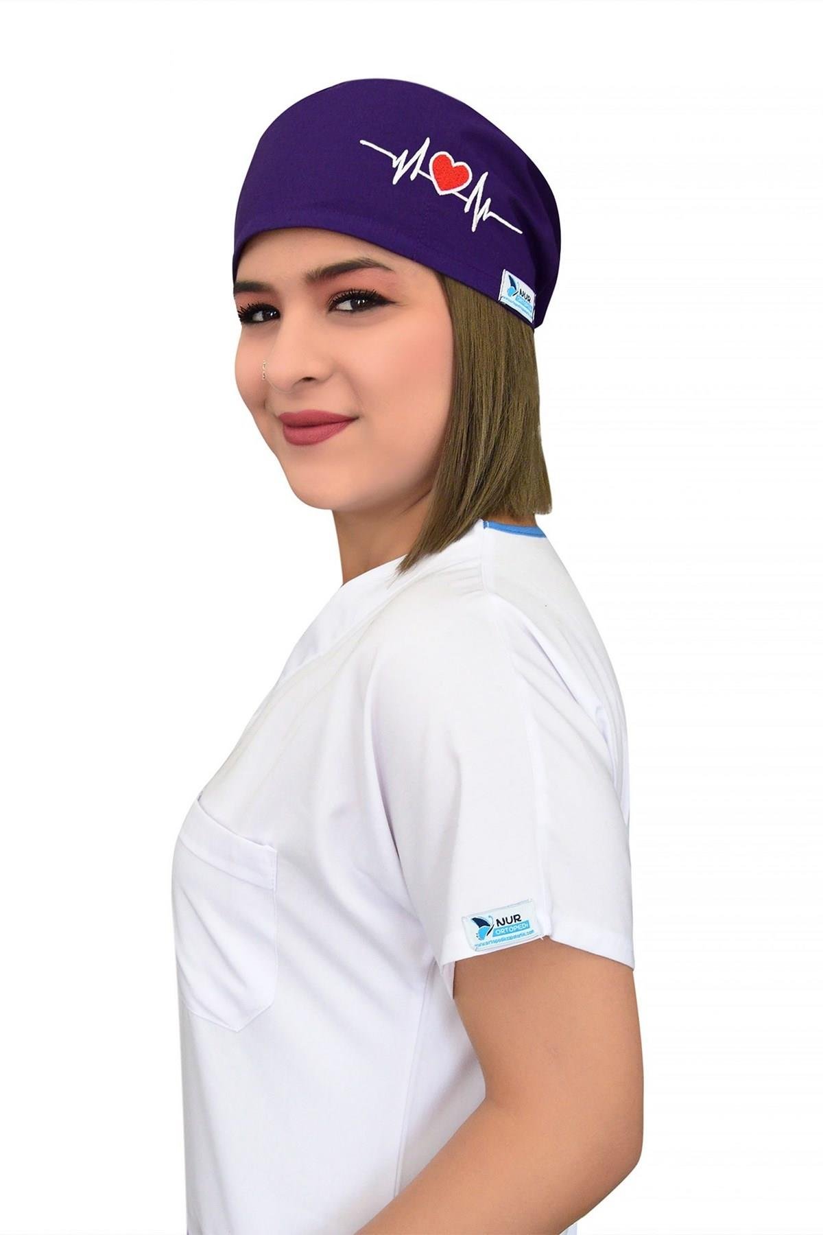 Mor Kalp Ritimli Doktor Hemşire Cerrahi Hastane Aşçı Bonesi-Nur Medikal Giyim