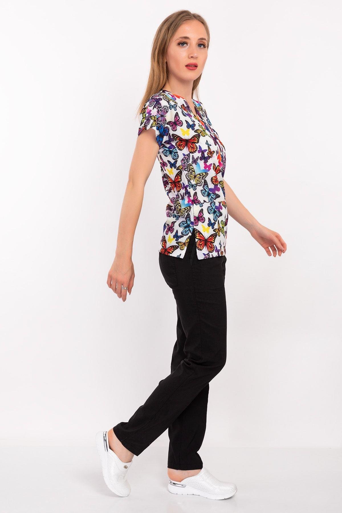 Mor Kelebek Desenli Likralı Alt Üst Takım-Nur Medikal Giyim