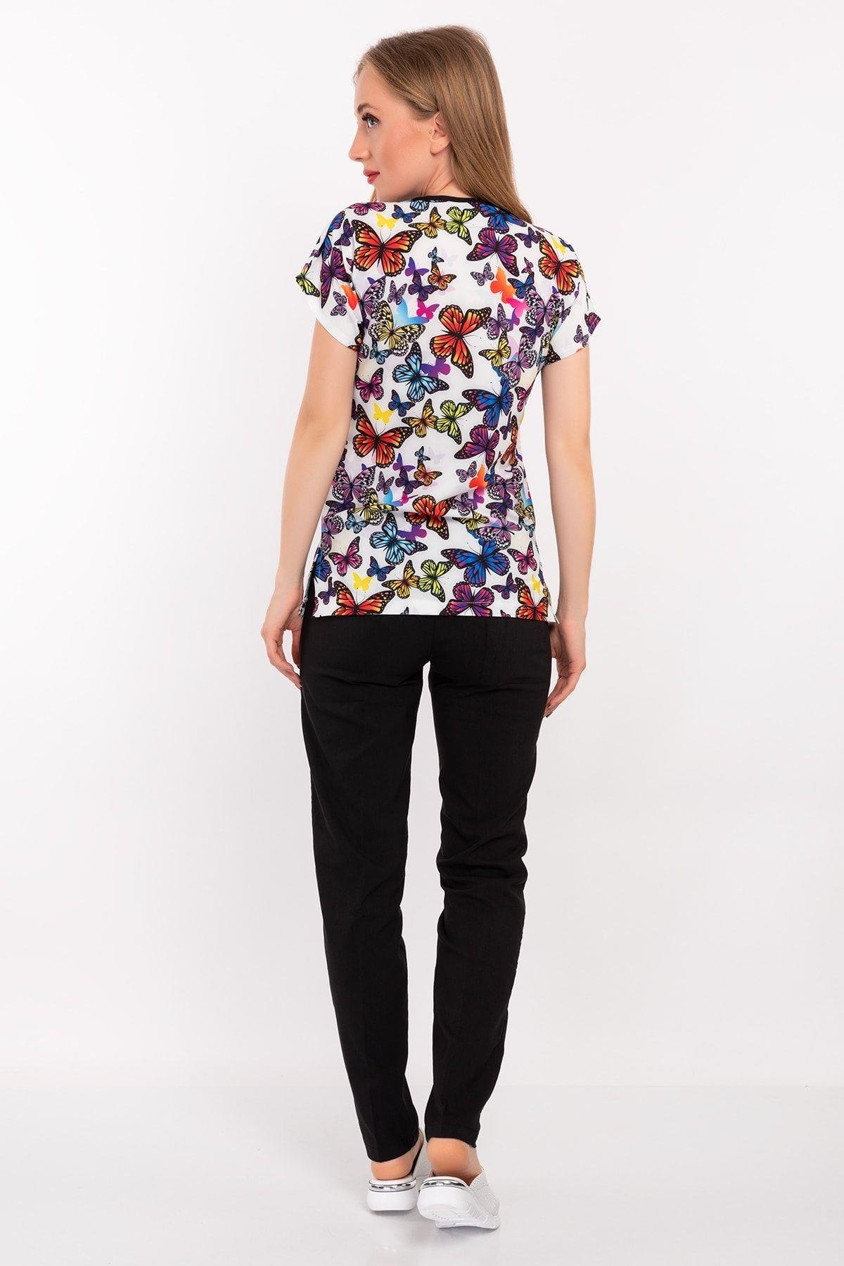 Mor Kelebek Desenli Likralı Alt Üst Takım-Nur Medikal Giyim