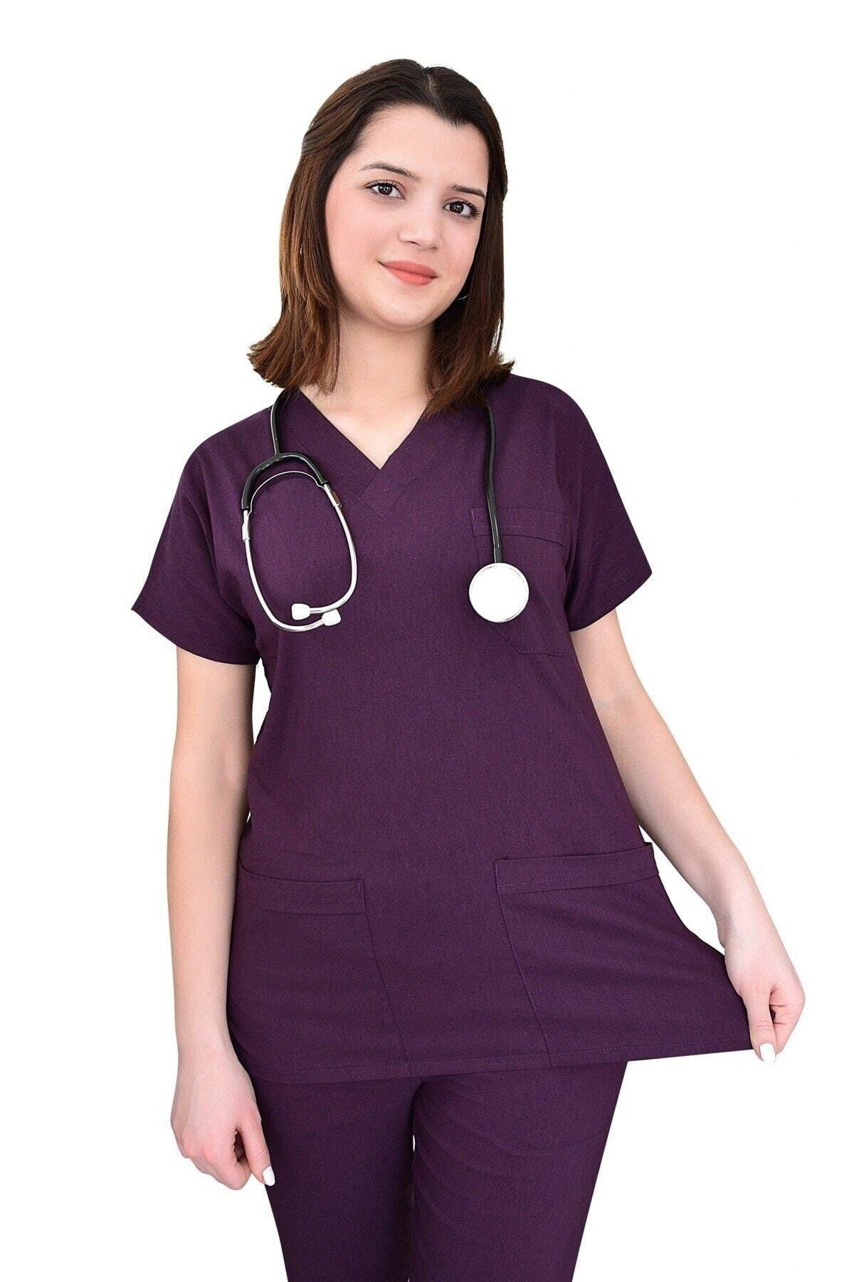 Mürdüm Rengi Likralı Üst Forma-Nur Medikal Giyim