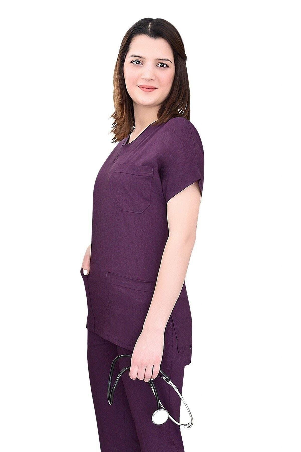 Mürdüm Rengi Likralı Üst Forma-Nur Medikal Giyim