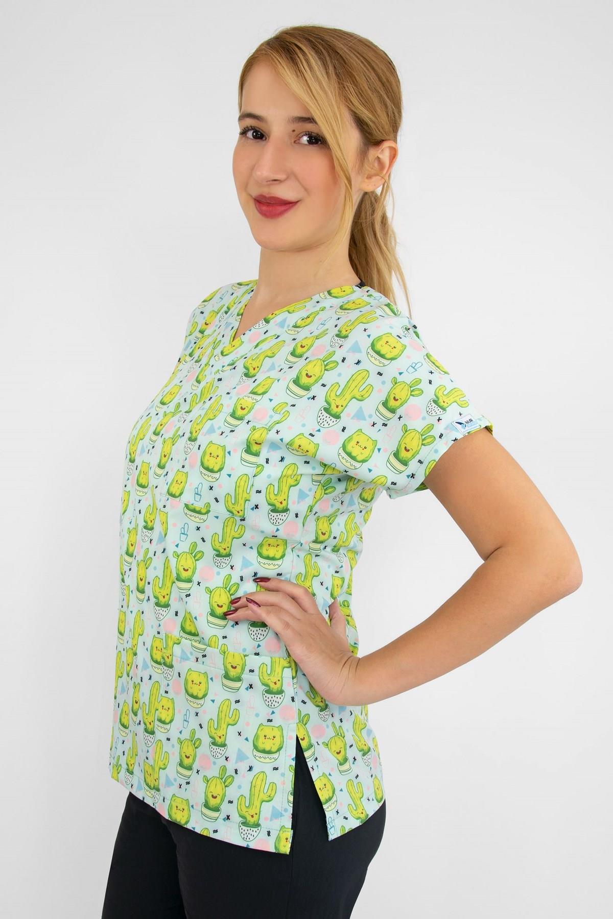 Mutlu Neşeli Kaktüs Desenli Likralı Doktor Hemşire Üst Forma-Nur Medikal Giyim