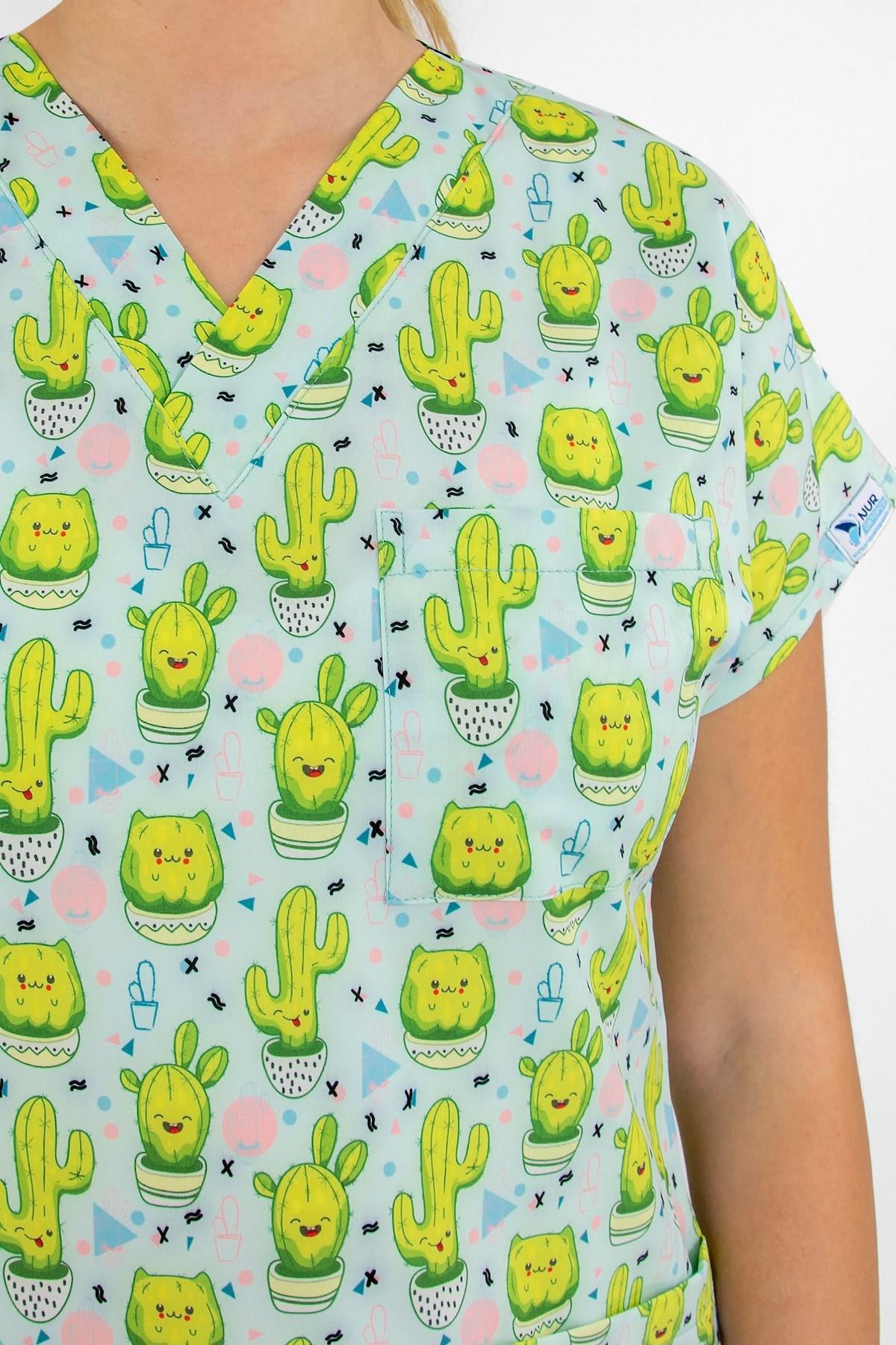 Mutlu Neşeli Kaktüs Desenli Likralı Doktor Hemşire Üst Forma-Nur Medikal Giyim