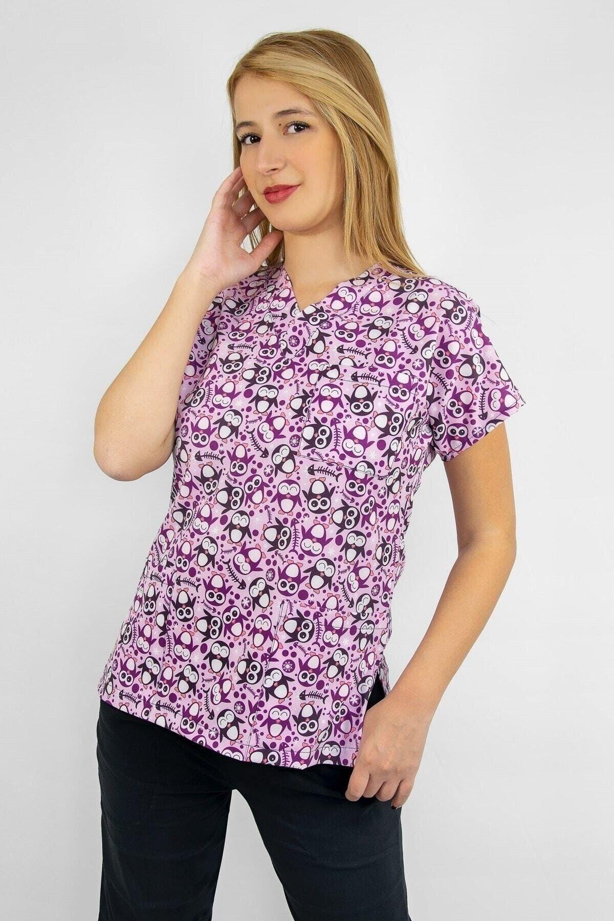 Neşeli Penguen Desenli Likralı Alt Üst Takım-Nur Medikal Giyim