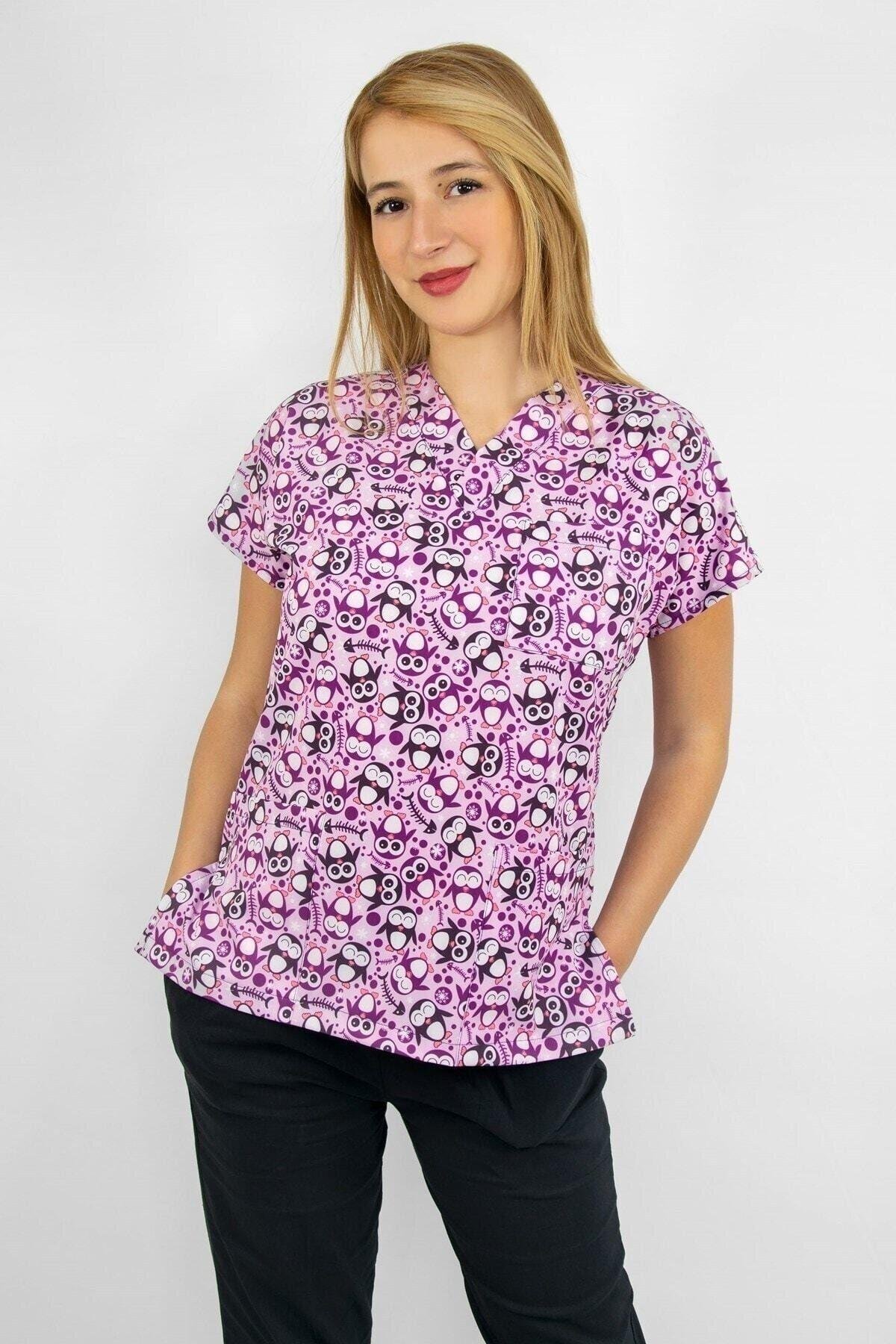 Neşeli Penguen Desenli Likralı Alt Üst Takım-Nur Medikal Giyim