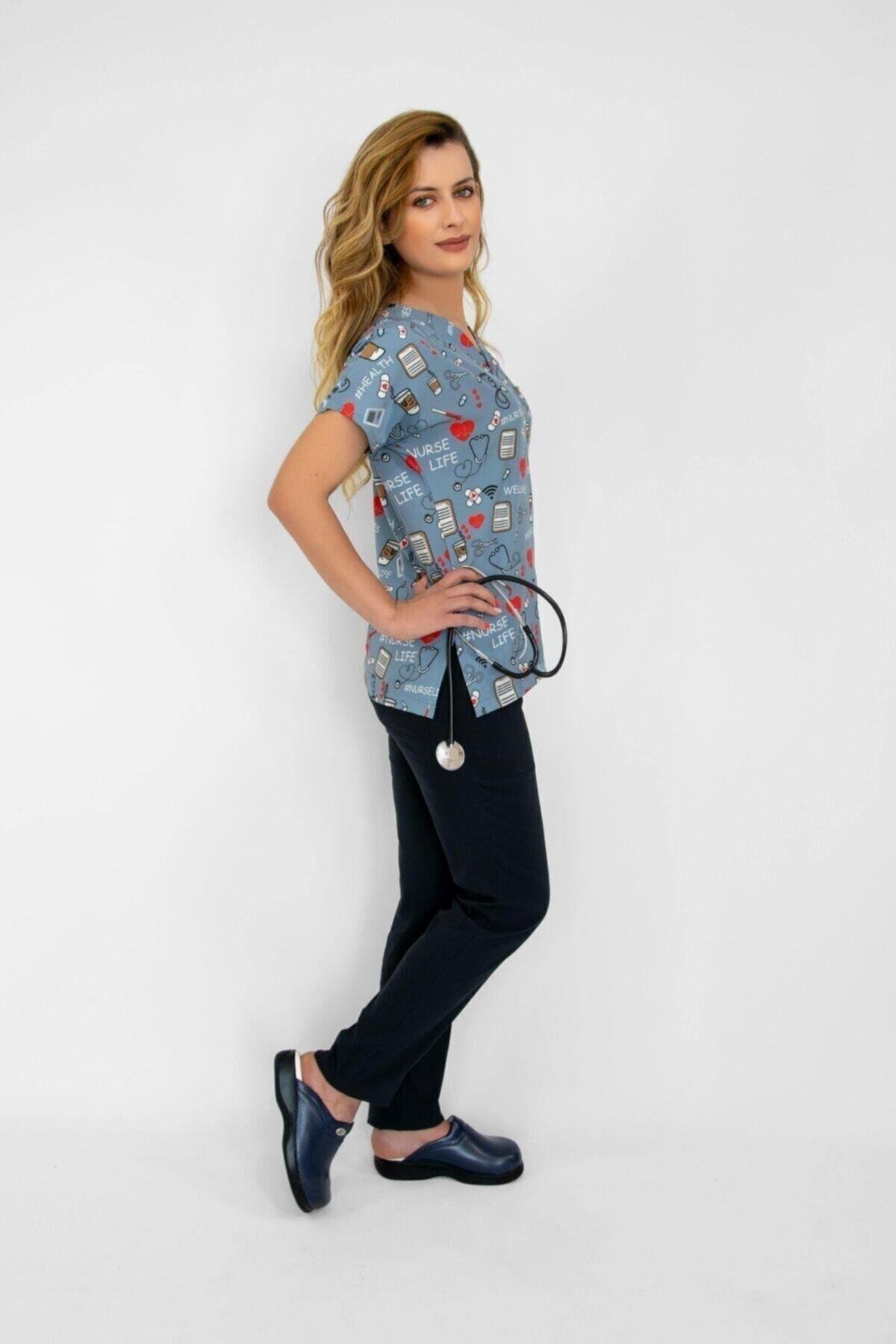 Nurse Life Temalı Cerrahi Doktor Hemşire Hastane Aşçı Likralı Forma Alt Üst Takım-Nur Medikal Giyim