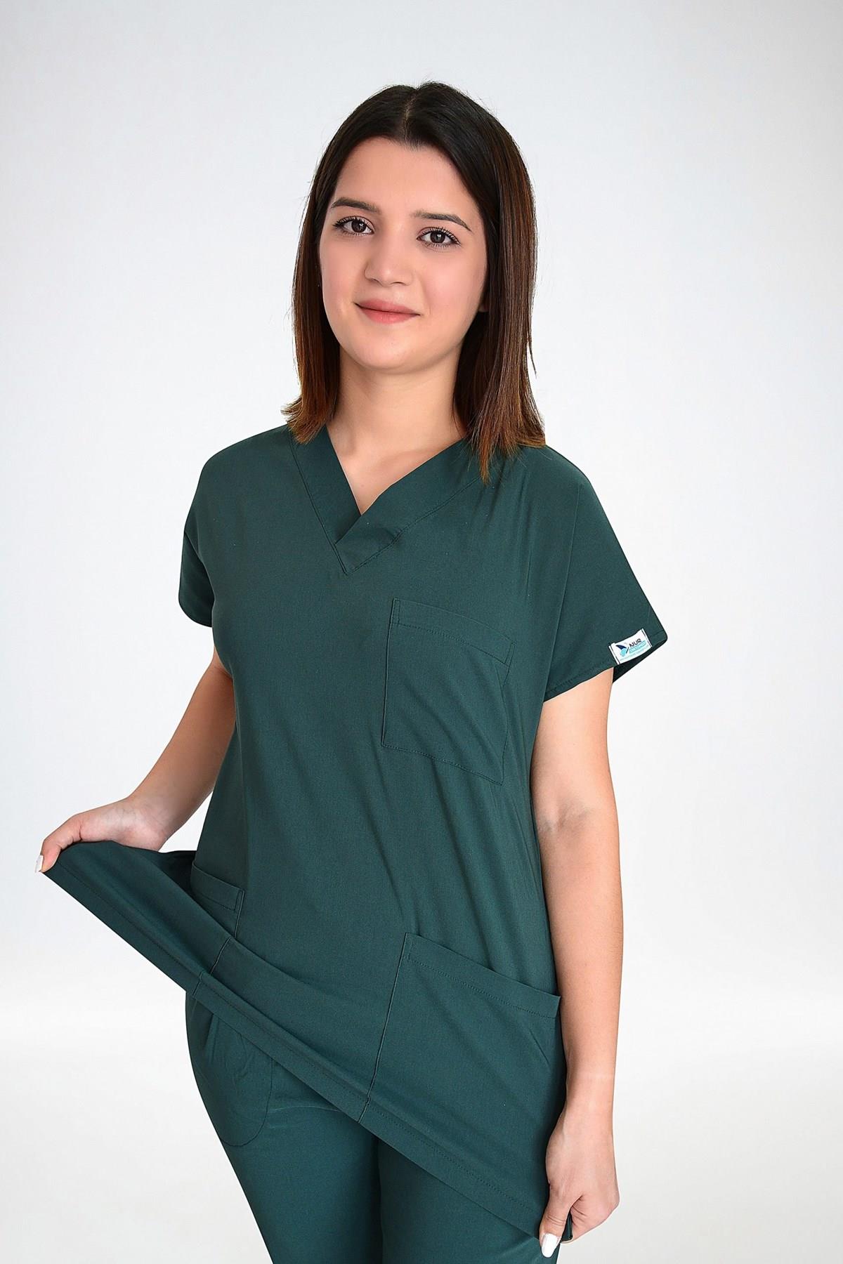 Ördekbaşı Yeşili Likralı Üst Forma-Nur Medikal Giyim