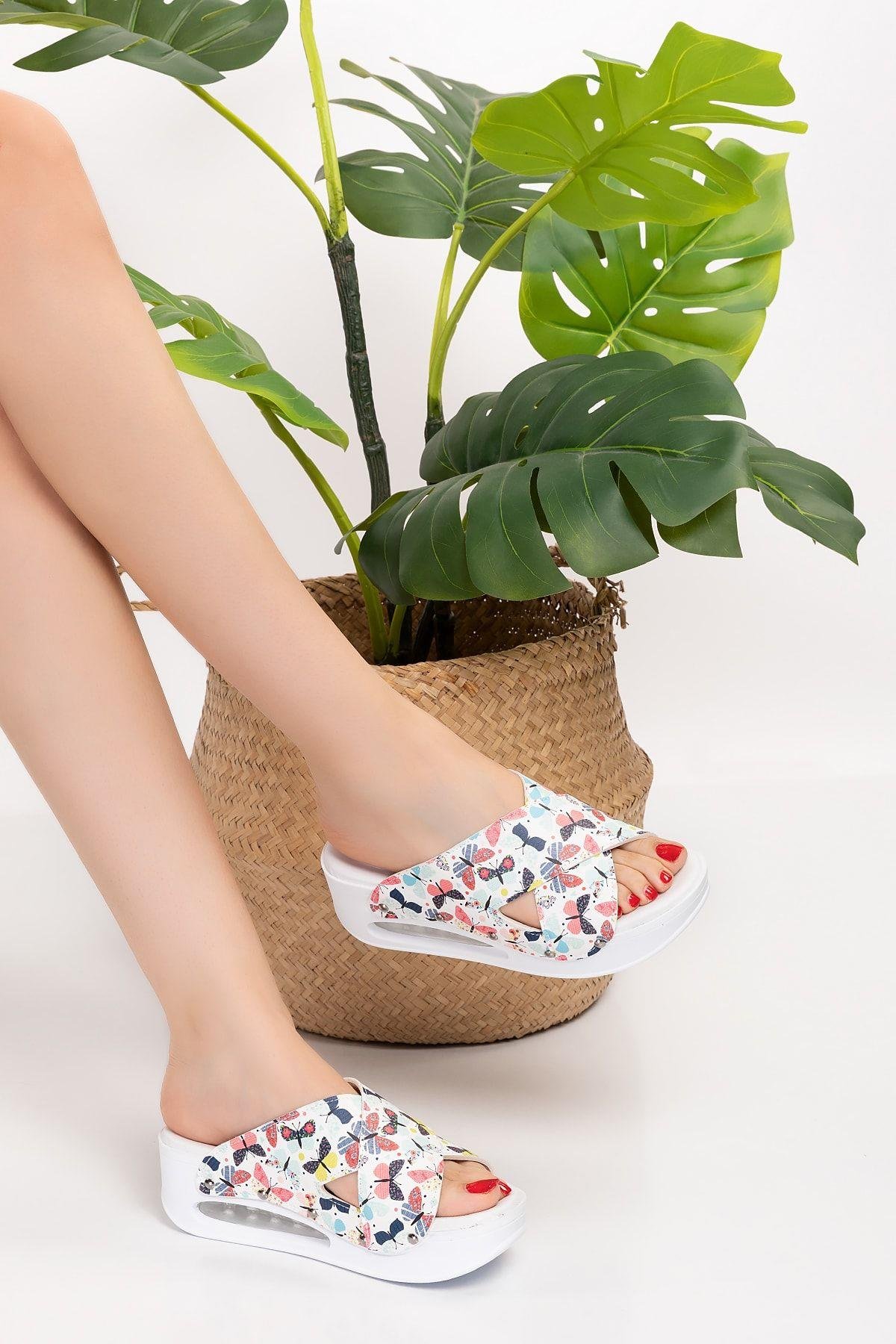 Pastel Kelebekler Çapraz Bantlı Model Açık Airmax Kadın Sabo Terlik-Nur Ortopedi