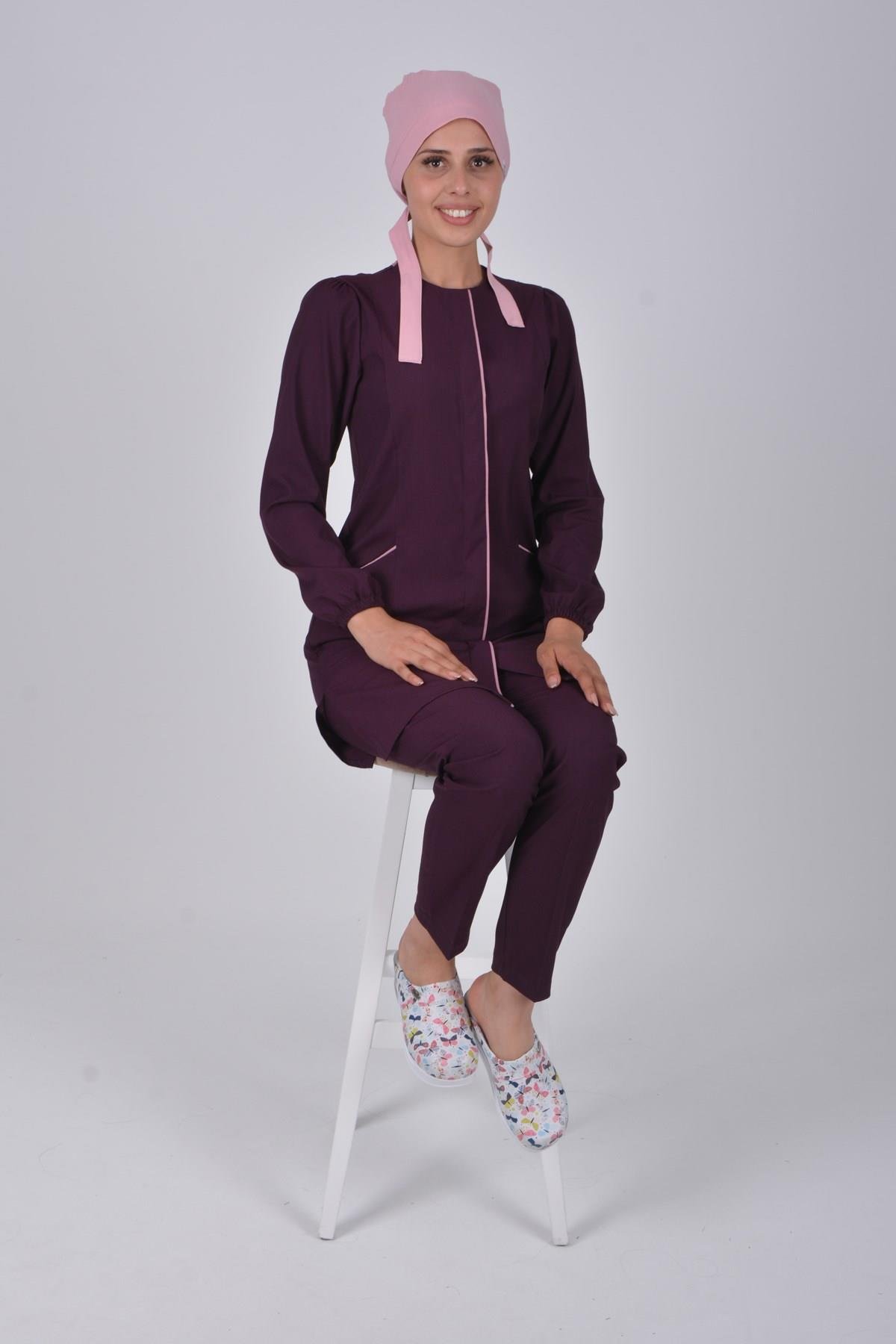 Patlıcan Moru Soft Likra Hemşire Doktor Aşçı Tesettür Üniforma Takım-Nur Medikal Giyim