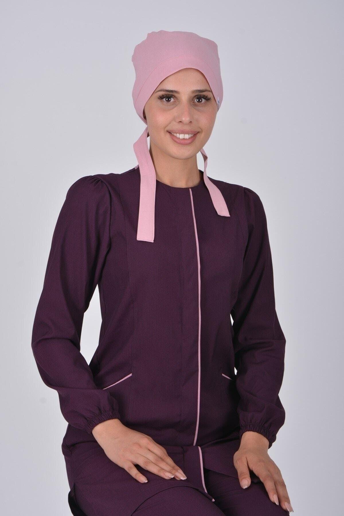 Patlıcan Moru Soft Likra Hemşire Doktor Tesettür Alt Üst Takım Üniforma-Nur Medikal Giyim