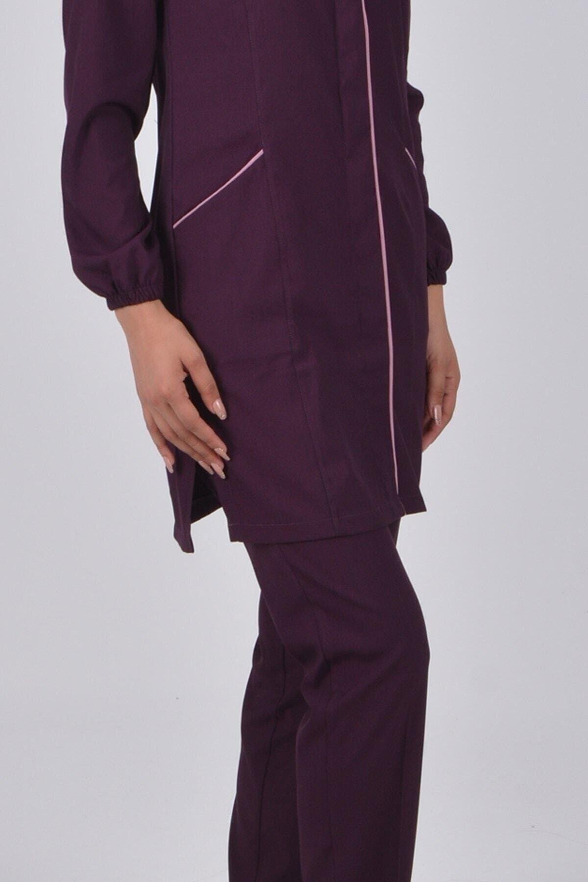 Patlıcan Moru Soft Likra Hemşire Doktor Tesettür Alt Üst Takım Üniforma-Nur Medikal Giyim