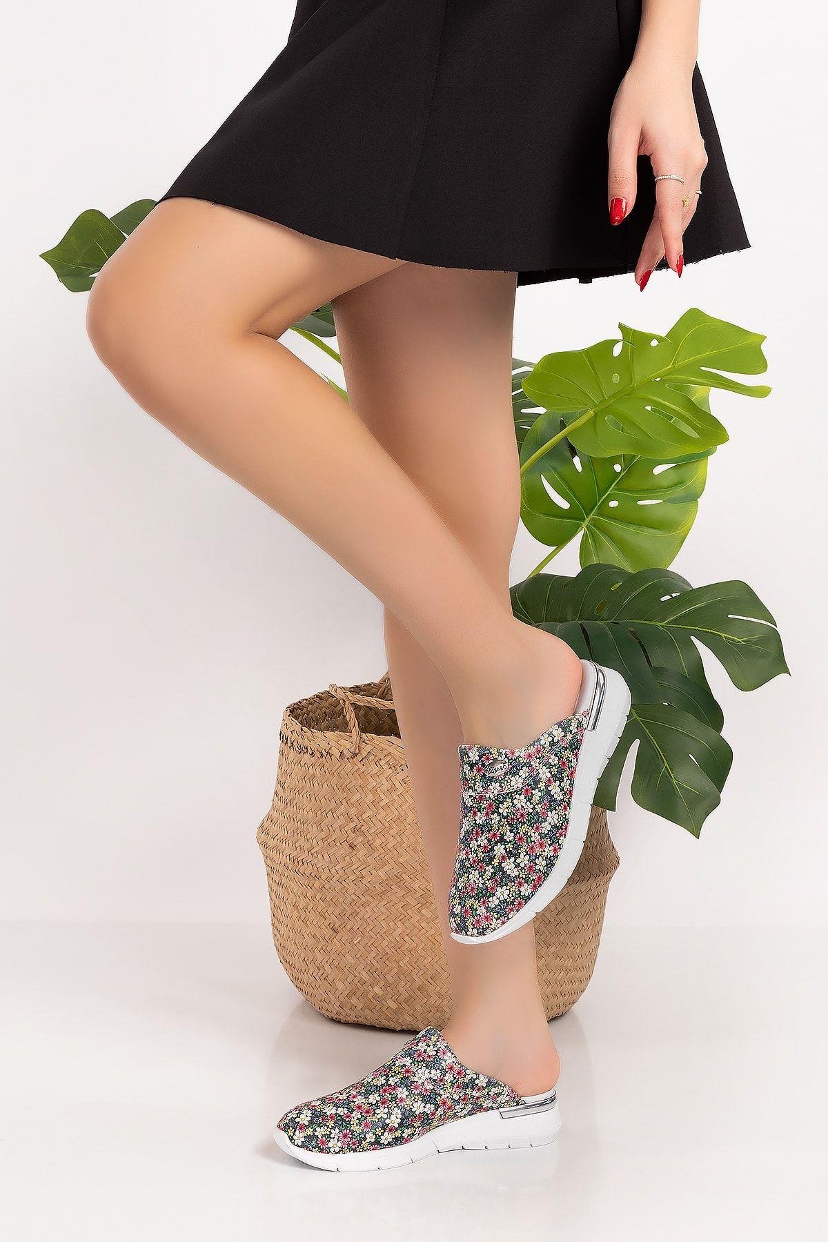 Pembe Çiçek Desenli Comfort Taban Ortopedik Sabo Terlik 1059-Nur Ortopedi