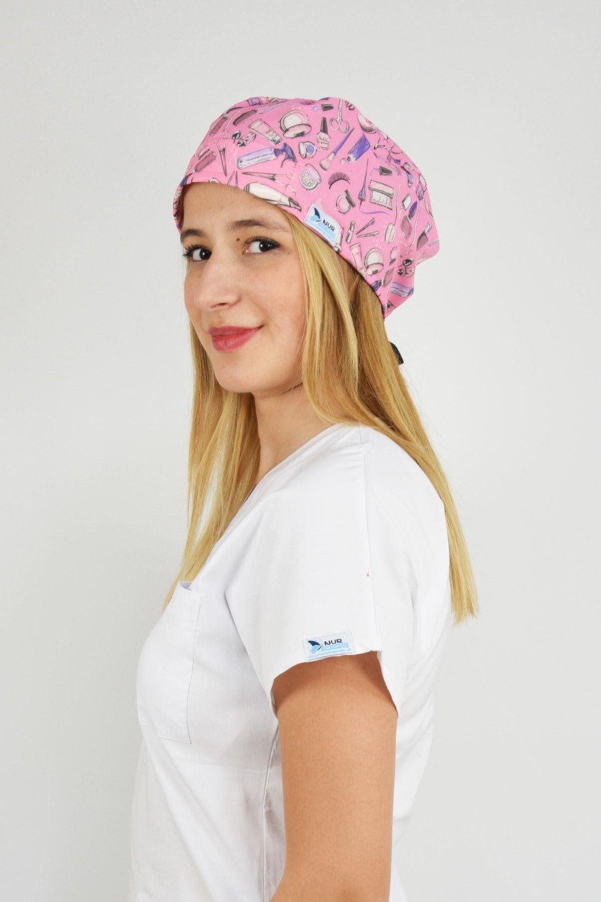 Pembe Güzellik Desenli Cerrahi Bone-Nur Medikal Giyim