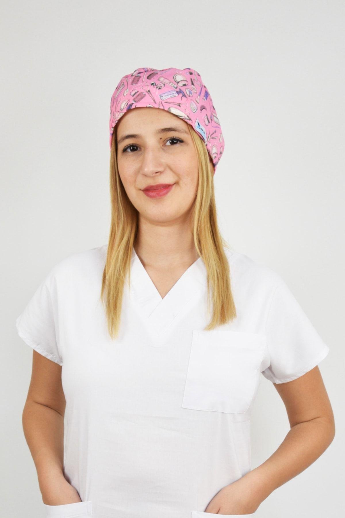 Pembe Güzellik Desenli Cerrahi Bone-Nur Medikal Giyim