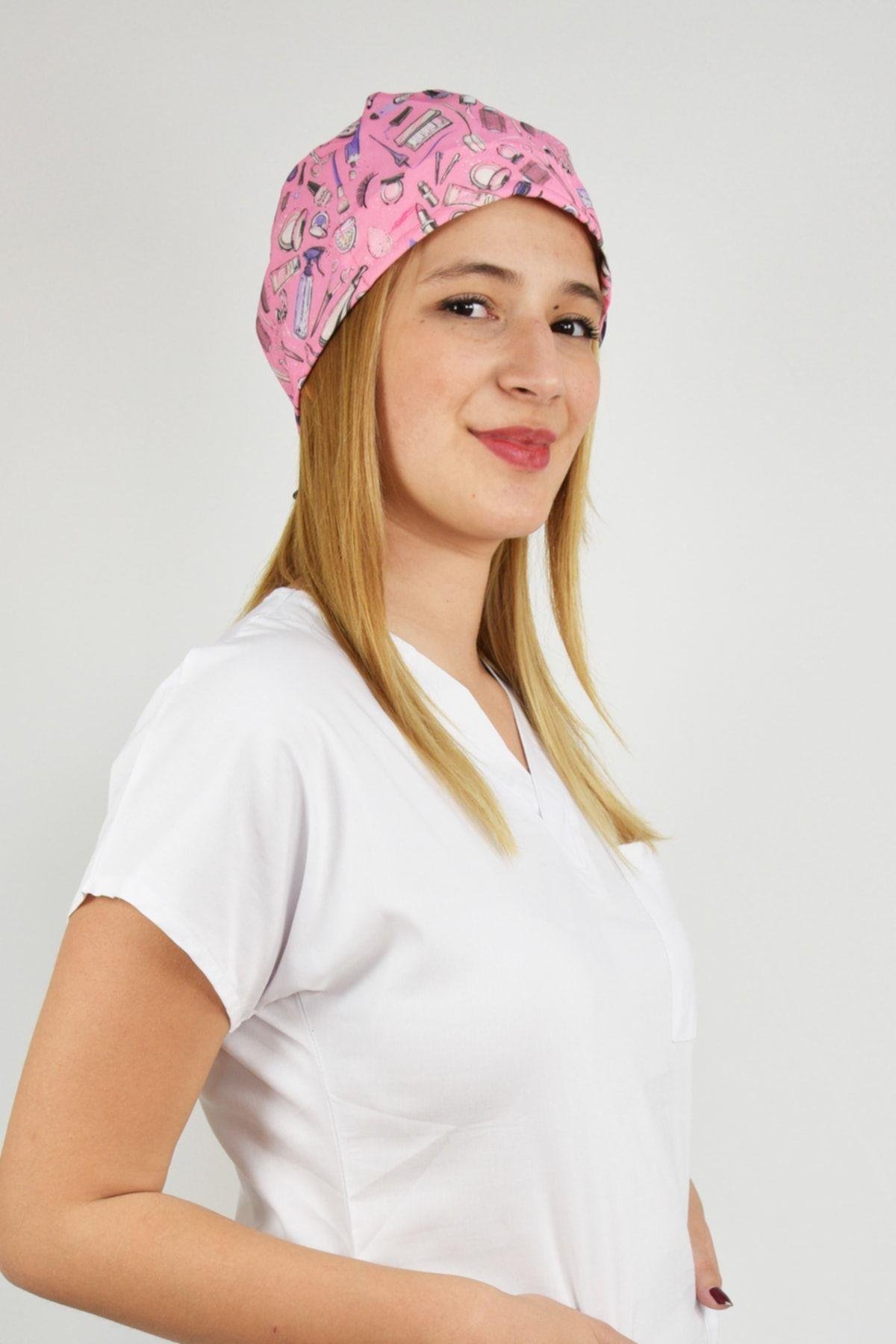 Pembe Güzellik Desenli Cerrahi Bone-Nur Medikal Giyim