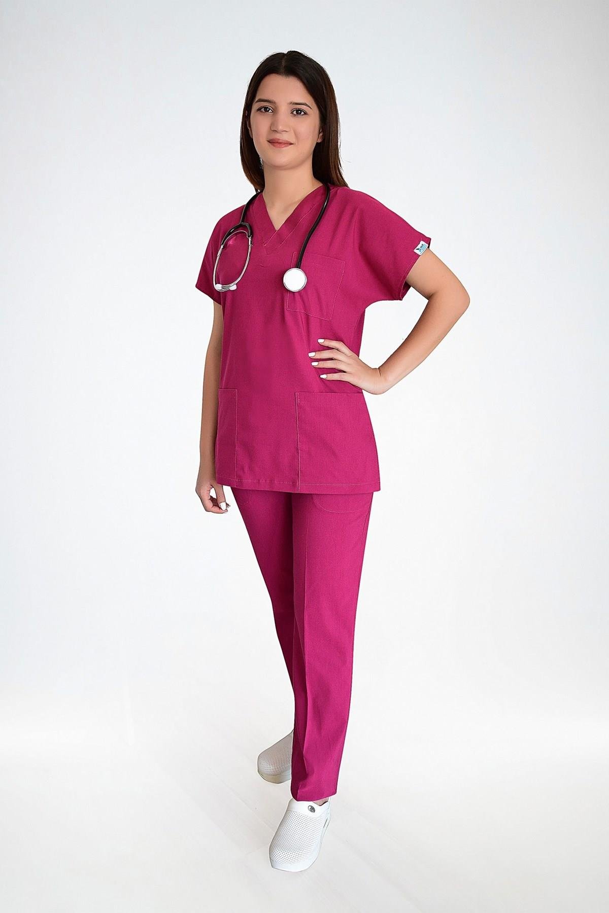 Pembe Likralı Doktor Hemşire Hastane Cerrahi Üniforma Takım-Nur Medikal Giyim
