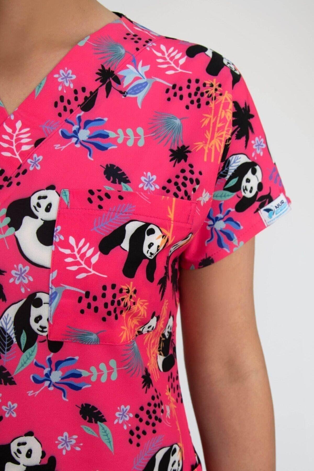 Pembe Panda Desen Cerrahi Doktor Hemşire Hastane Aşçı Likralı Forma Alt Üst Takım-Nur Medikal Giyim