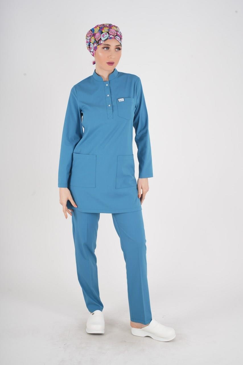 Petrol Mavi Sakura Model Tesettür Doktor Hemşire Scrubs Üniforma Takımı-Nur Medikal Giyim