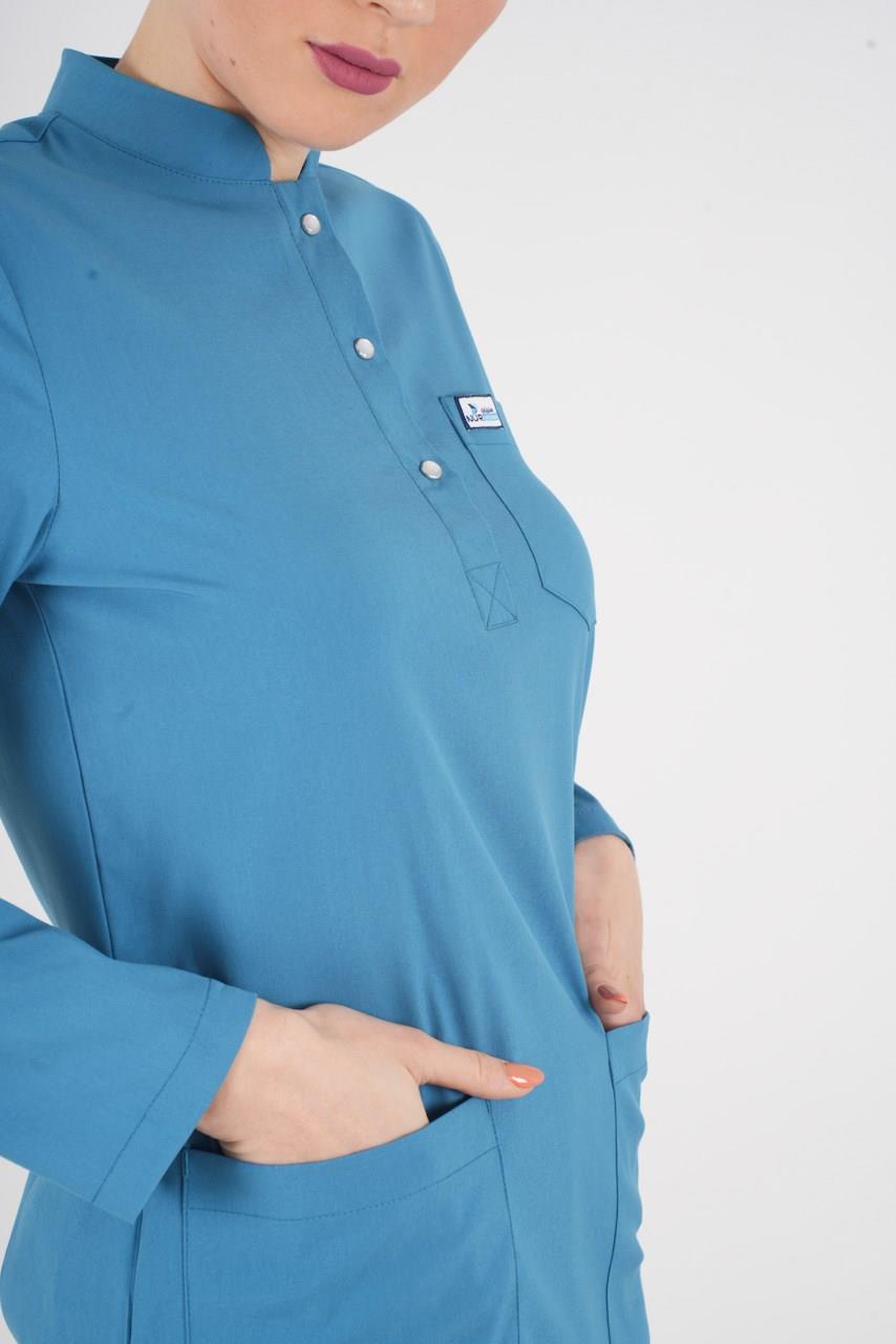Petrol Mavi Sakura Model Tesettür Doktor Hemşire Scrubs Üniforma Takımı-Nur Medikal Giyim