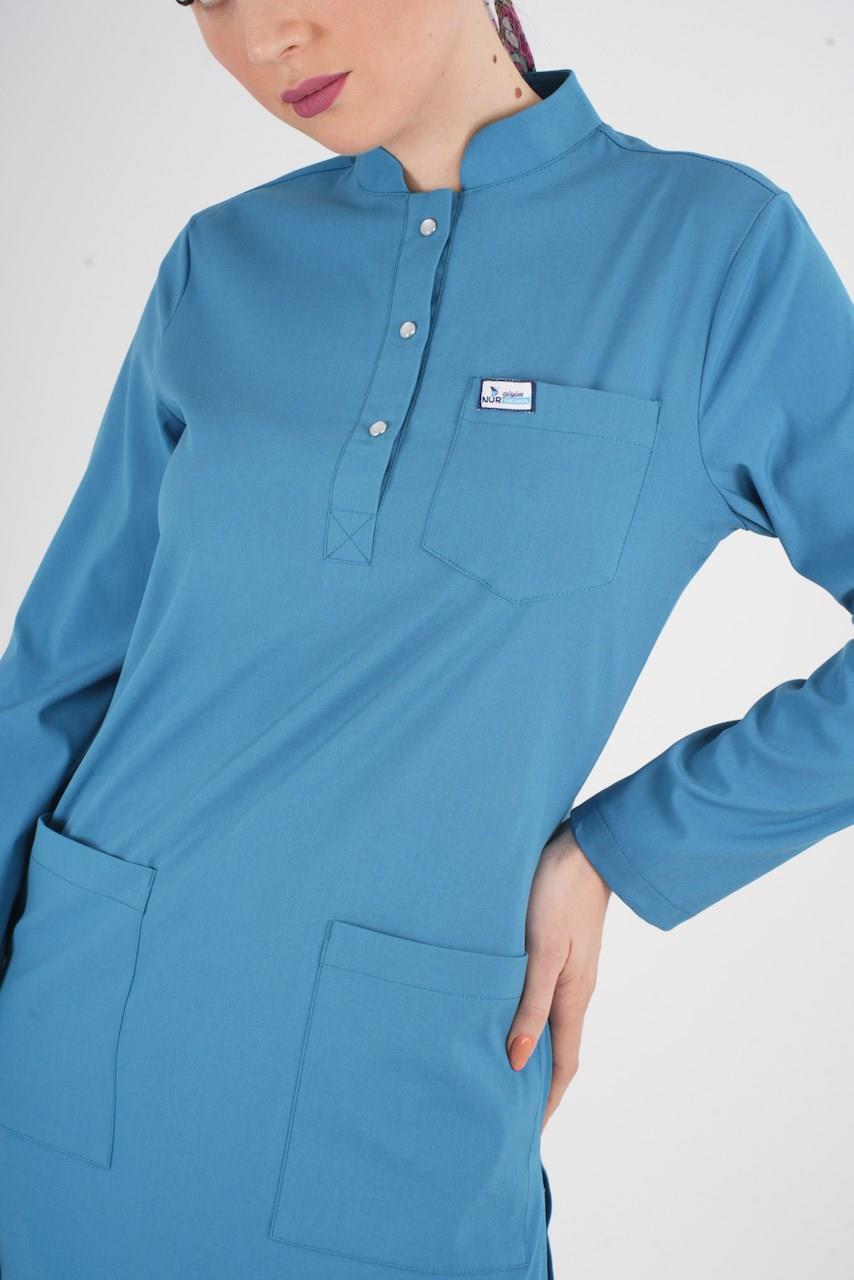 Petrol Mavi Sakura Model Tesettür Doktor Hemşire Scrubs Üniforma Takımı-Nur Medikal Giyim