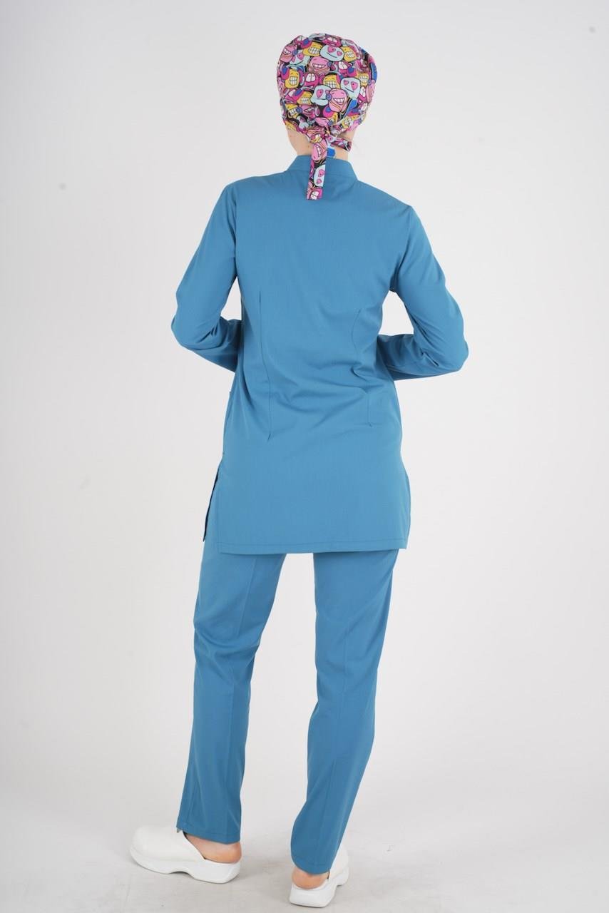 Petrol Mavi Sakura Model Tesettür Doktor Hemşire Scrubs Üniforma Takımı-Nur Medikal Giyim