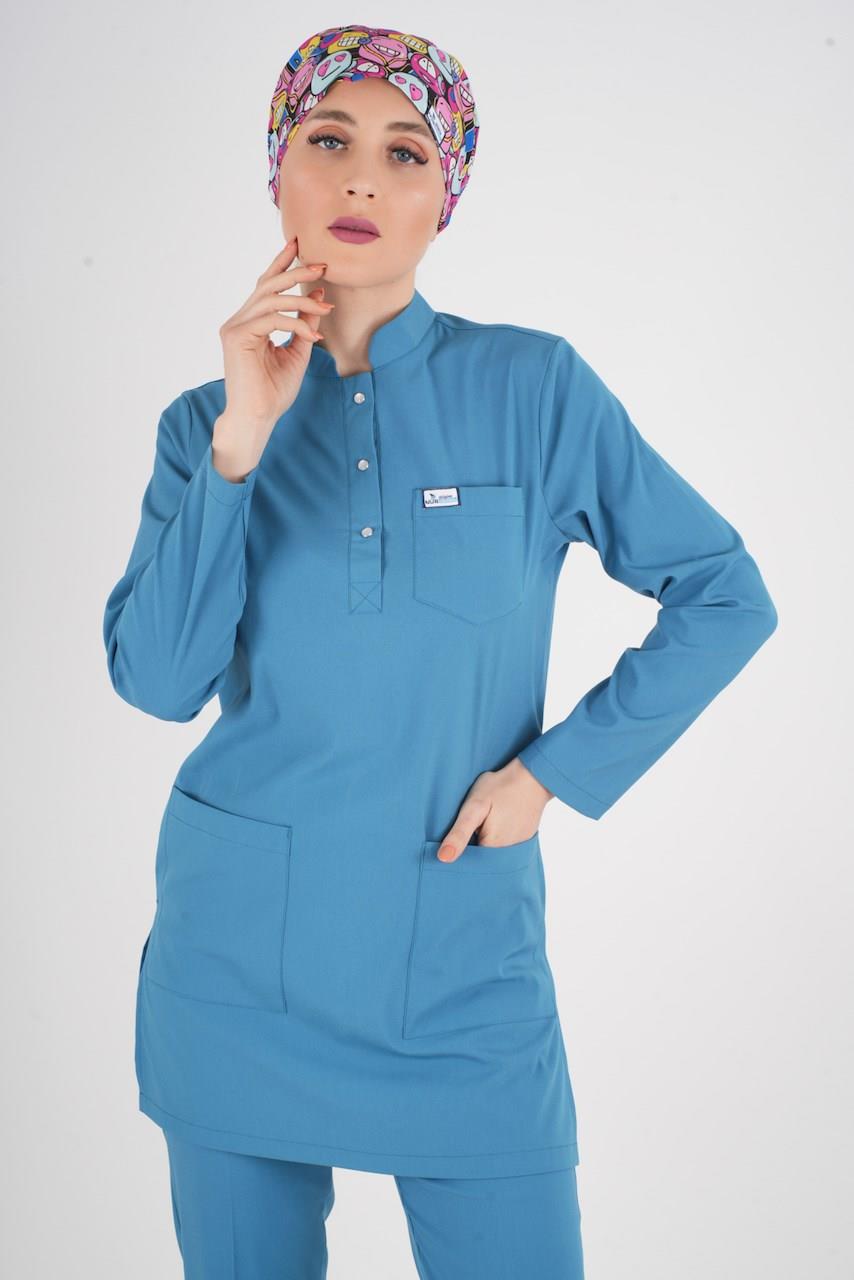 Petrol Mavi Sakura Model Tesettür Doktor Hemşire Scrubs Üniforma Takımı-Nur Medikal Giyim