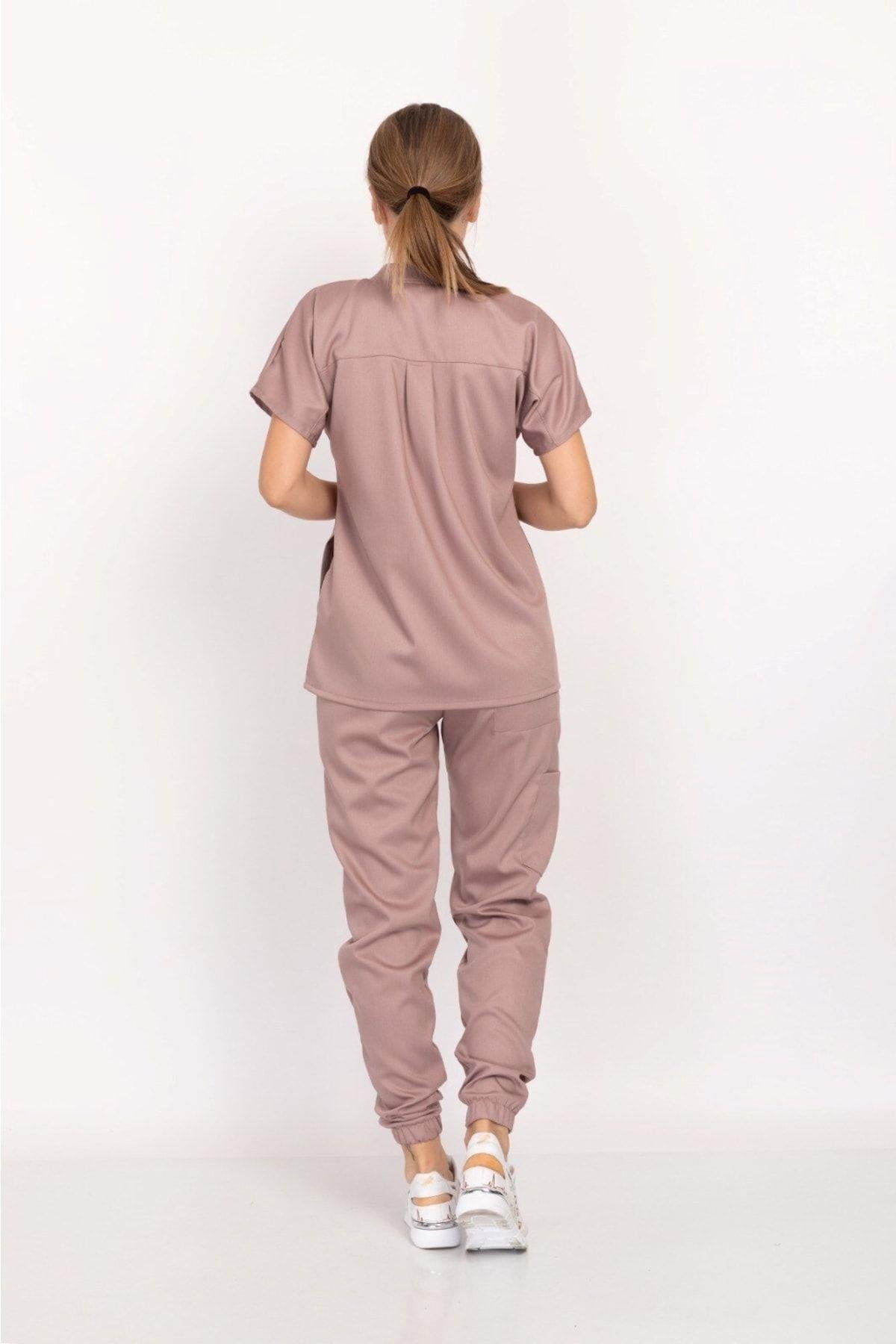 Pudra Renk Çağla Model Elit Likra Hakim Yaka Çıt Çıtlı Doktor Hemşire Üniforma Takım-Nur Medikal Giyim