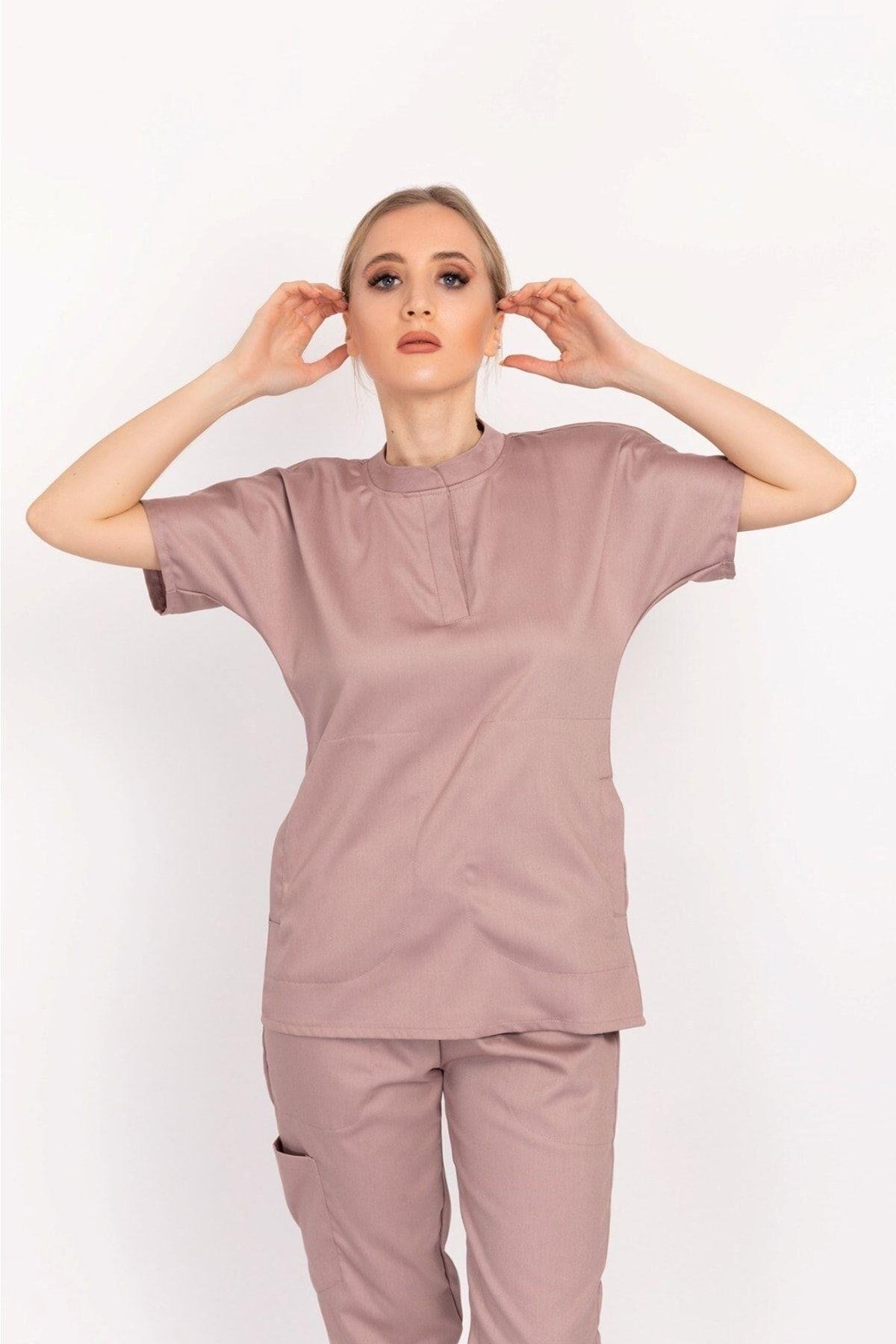 Pudra Renk Çağla Model Elit Likra Hakim Yaka Çıt Çıtlı Doktor Hemşire Üniforma Takım-Nur Medikal Giyim