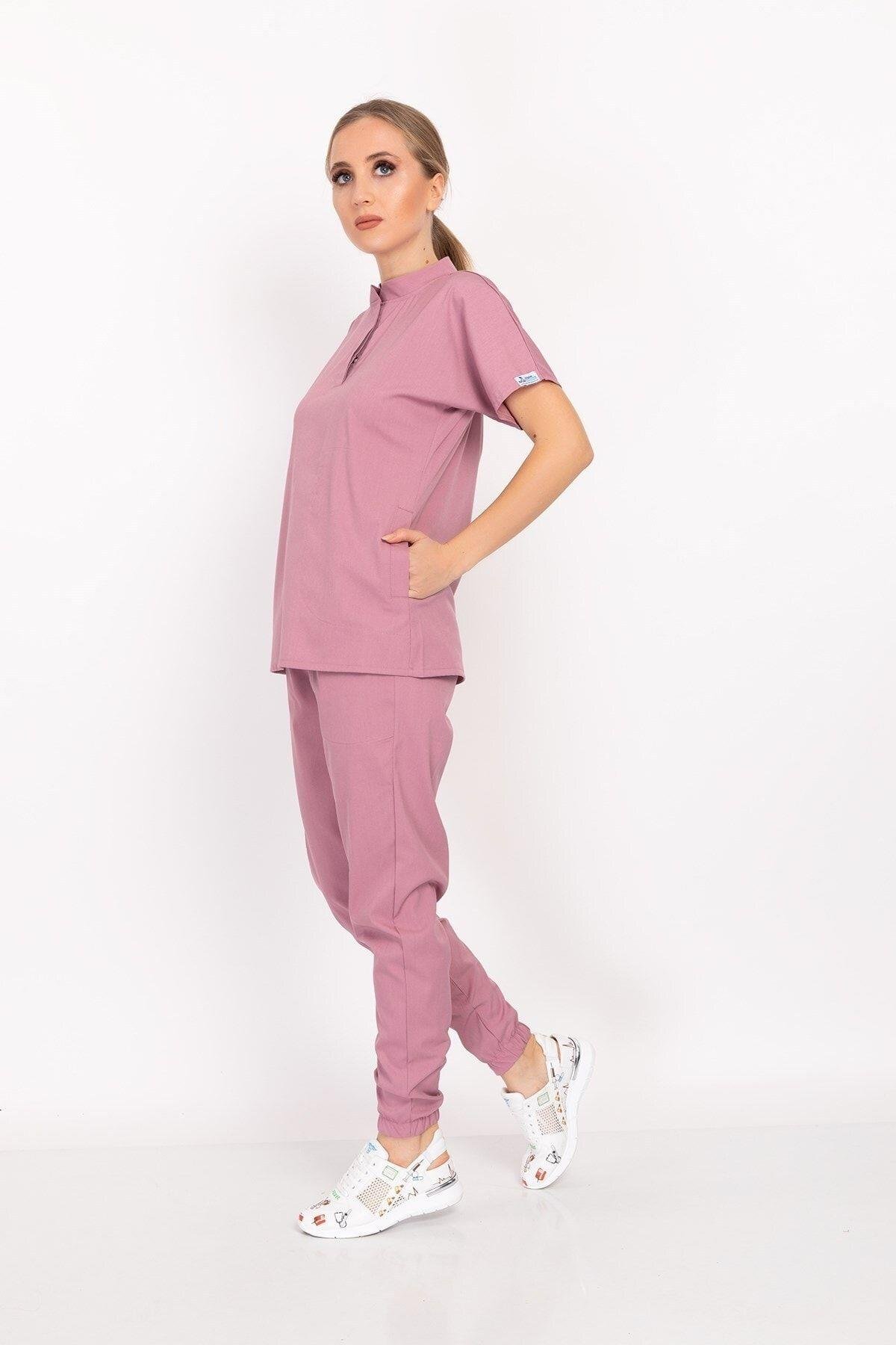 Pudra Renk Çıt Çıtlı Hakim Yaka Soft Likra Doktor, Hemşire, Hastane, Nöbet Forma Takım-Nur Medikal Giyim