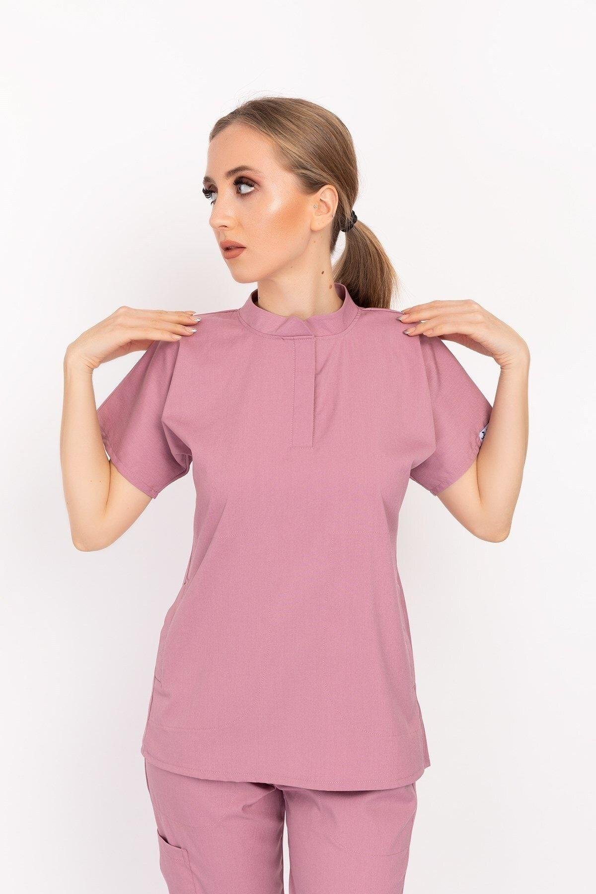 Pudra Renk Çıt Çıtlı Hakim Yaka Soft Likra Doktor, Hemşire, Hastane, Nöbet Forma Takım-Nur Medikal Giyim