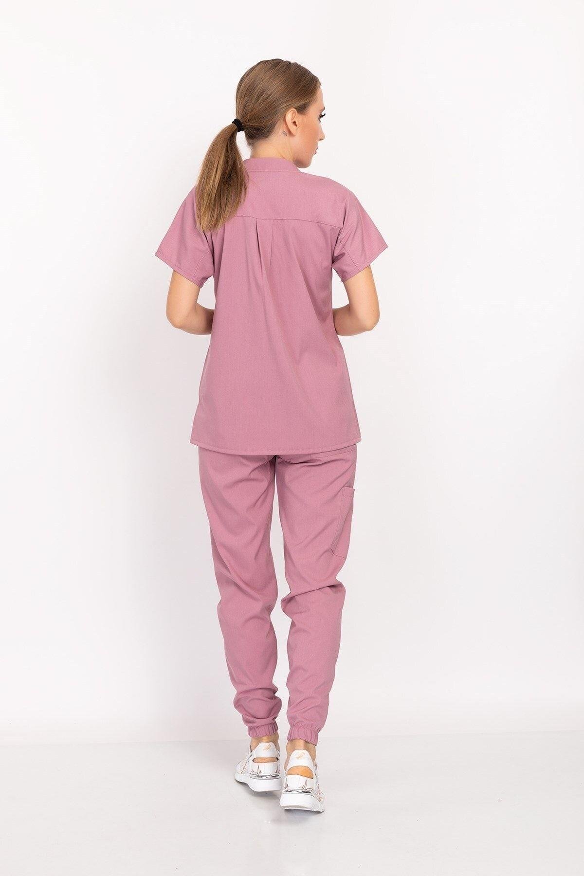 Pudra Renk Çıt Çıtlı Hakim Yaka Soft Likra Doktor, Hemşire, Hastane, Nöbet Forma Takım-Nur Medikal Giyim