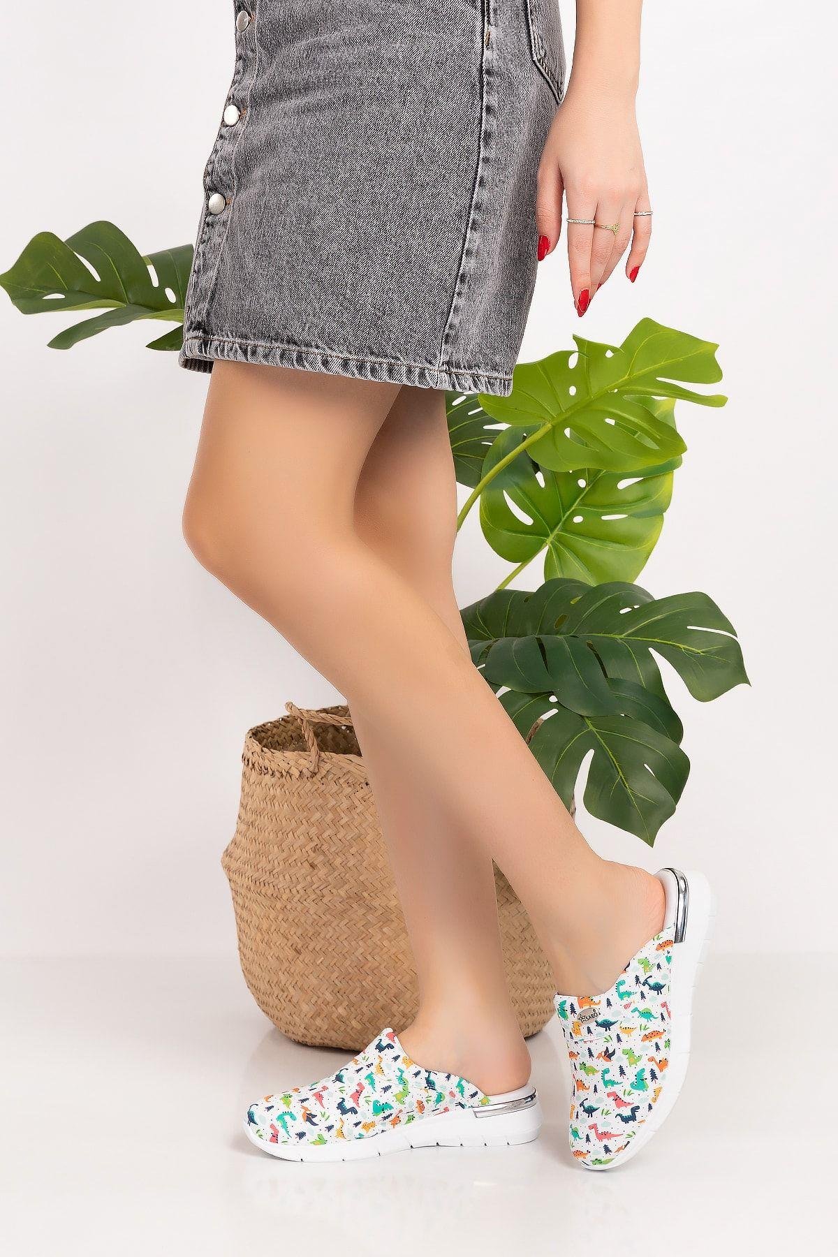 Renkli Dinozorlar Desenli Comfort Taban Ortopedik Sabo Terlik-Nur Ortopedi