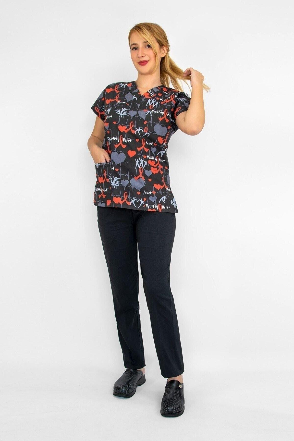 Sağlıklı Kalp Desenli Likralı Alt Üst Takım-Nur Medikal Giyim