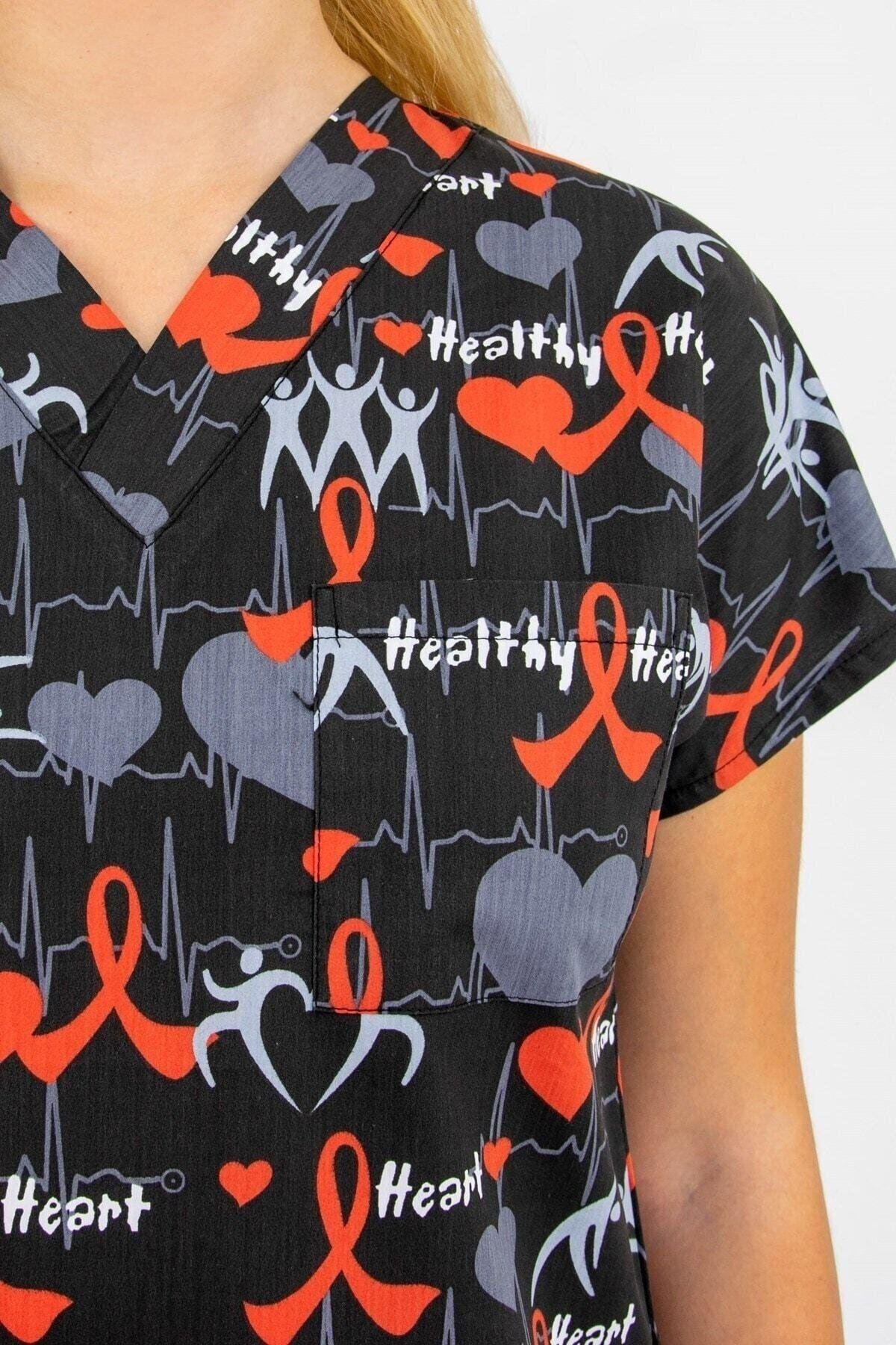 Sağlıklı Kalp Desenli Likralı Alt Üst Takım-Nur Medikal Giyim