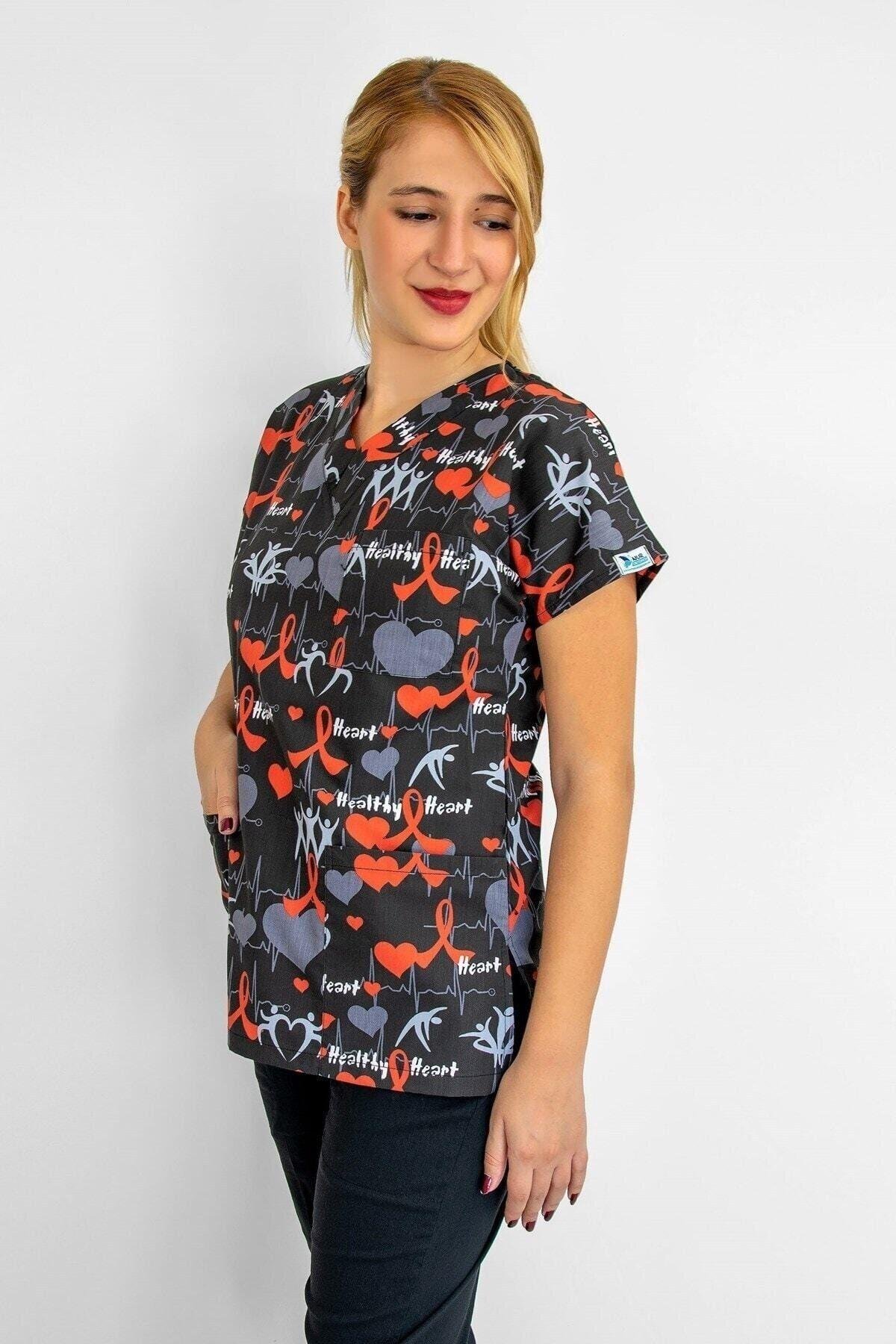 Sağlıklı Kalp Desenli Likralı Alt Üst Takım-Nur Medikal Giyim