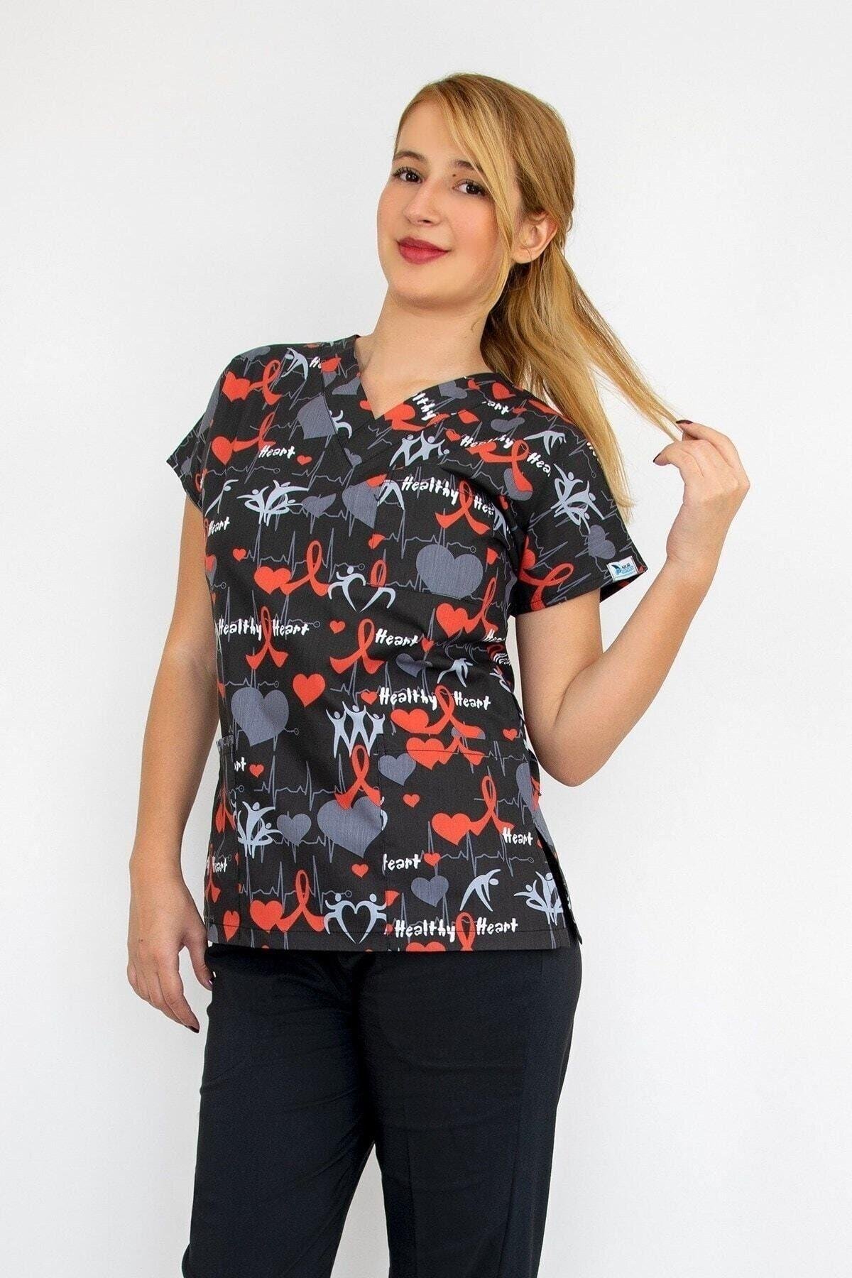 Sağlıklı Kalp Desenli Likralı Alt Üst Takım-Nur Medikal Giyim