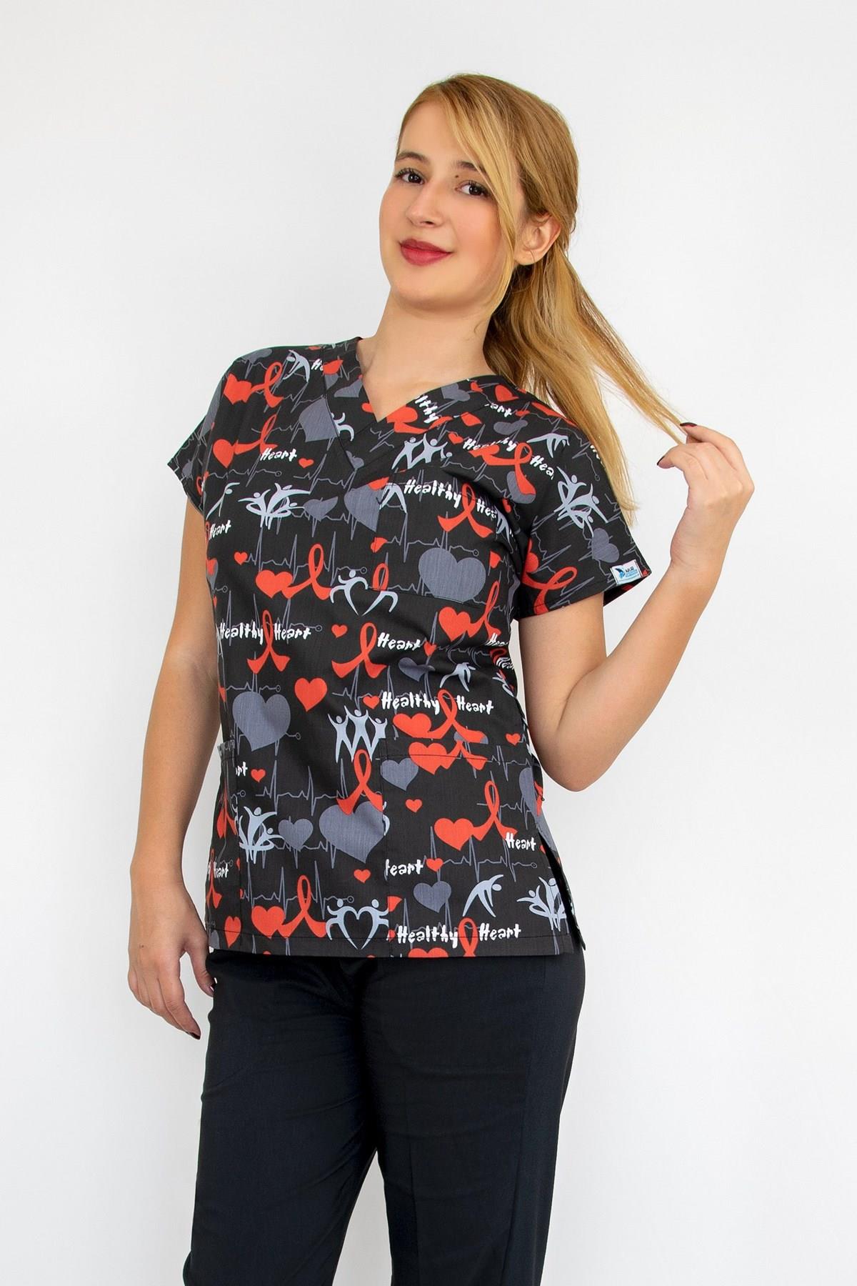 Sağlıklı Kalp Desenli Likralı Doktor Hemşire Hastane Cerrahi Tek Üst Forma-Nur Medikal Giyim