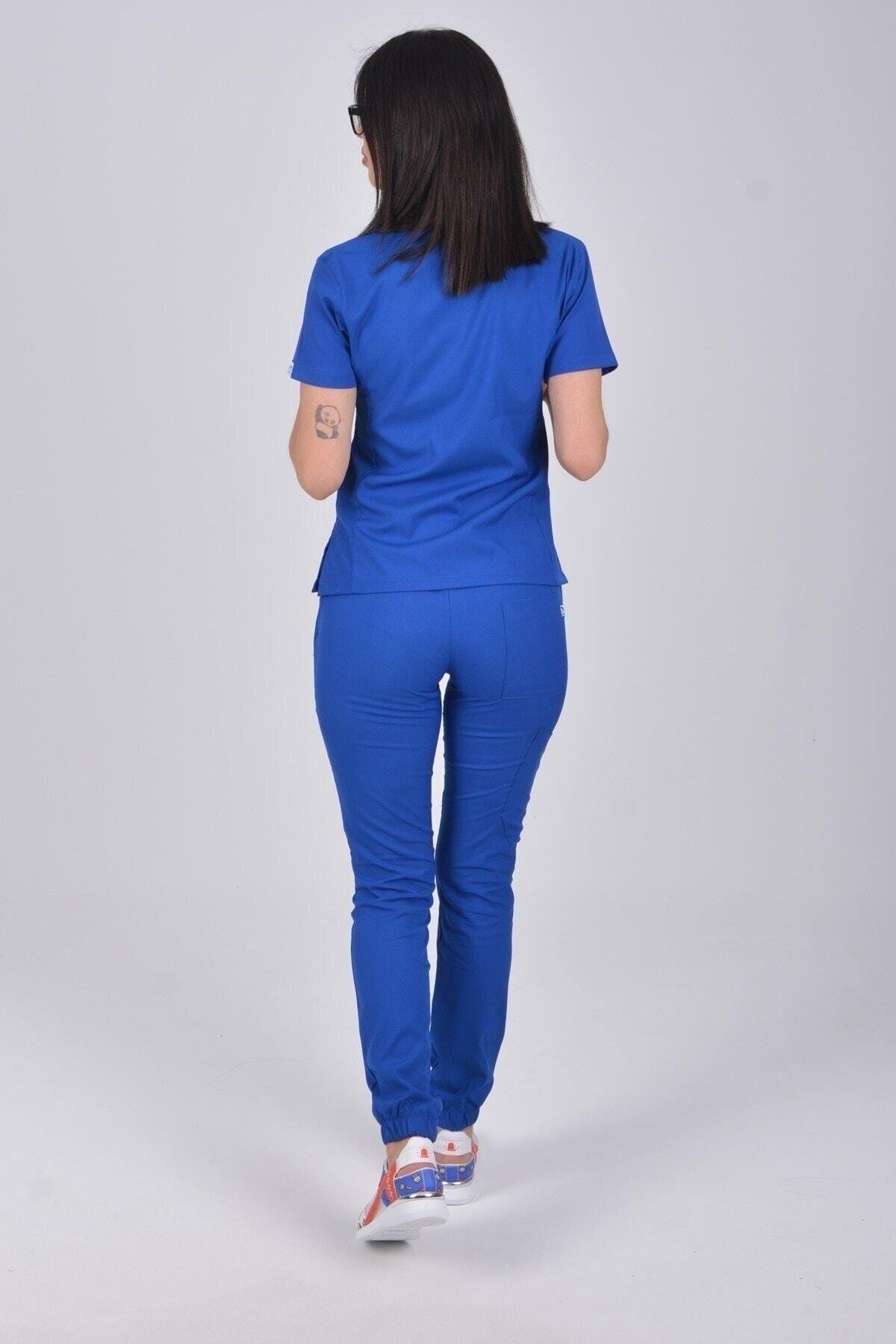 Saks Mavi Likralı Jogger Alt Üst Takım-Nur Medikal Giyim