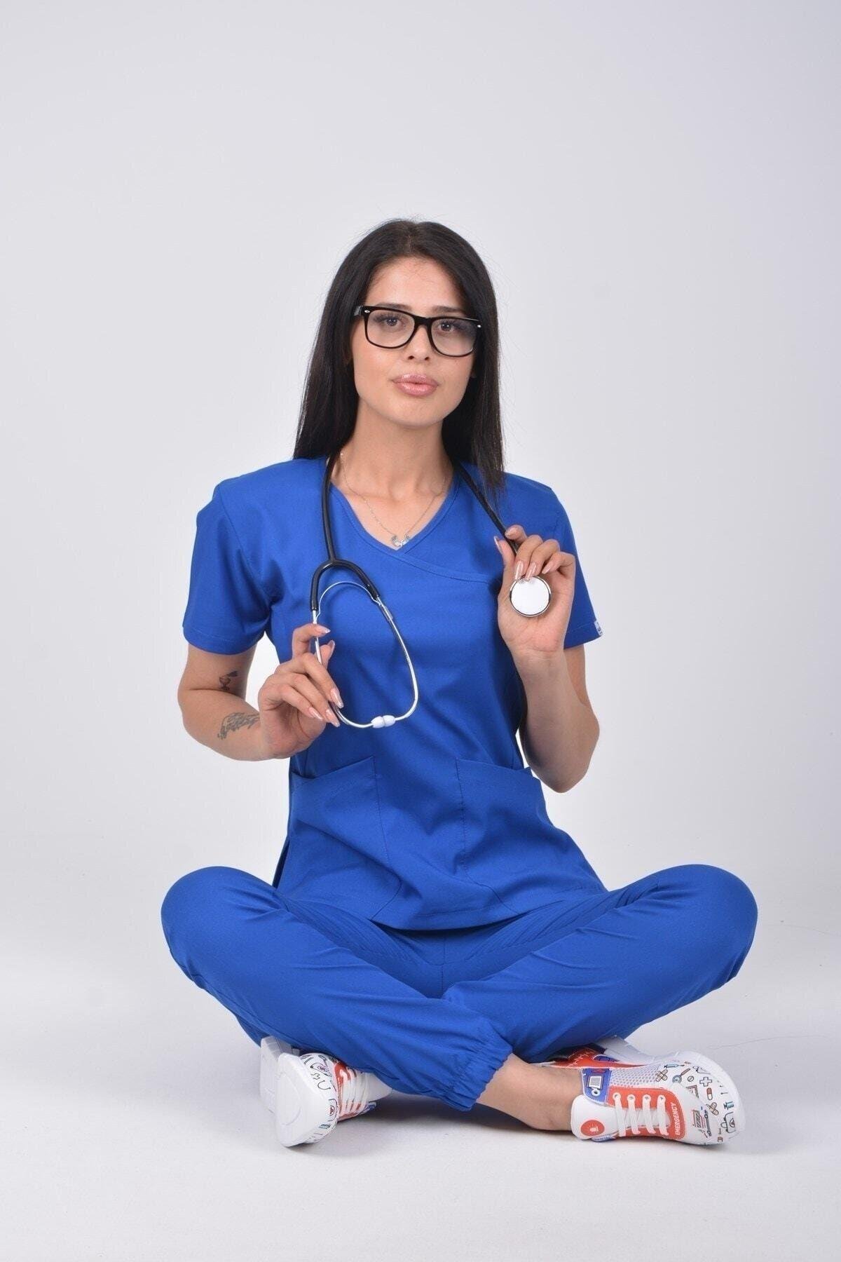 Saks Mavi Likralı Jogger Alt Üst Takım-Nur Medikal Giyim