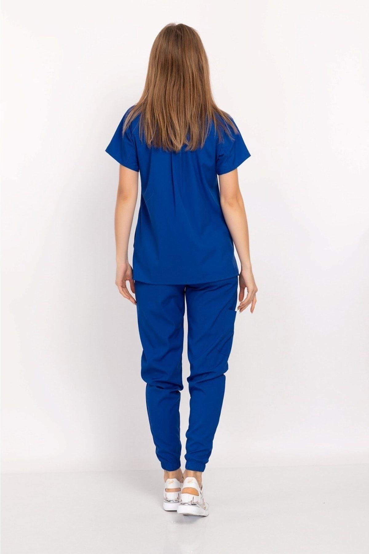 Saks Mavi Renk Çıt Çıtlı Hakim Yaka Soft Likra Doktor, Hemşire, Hastane, Nöbet Forma Takım-Nur Medikal Giyim
