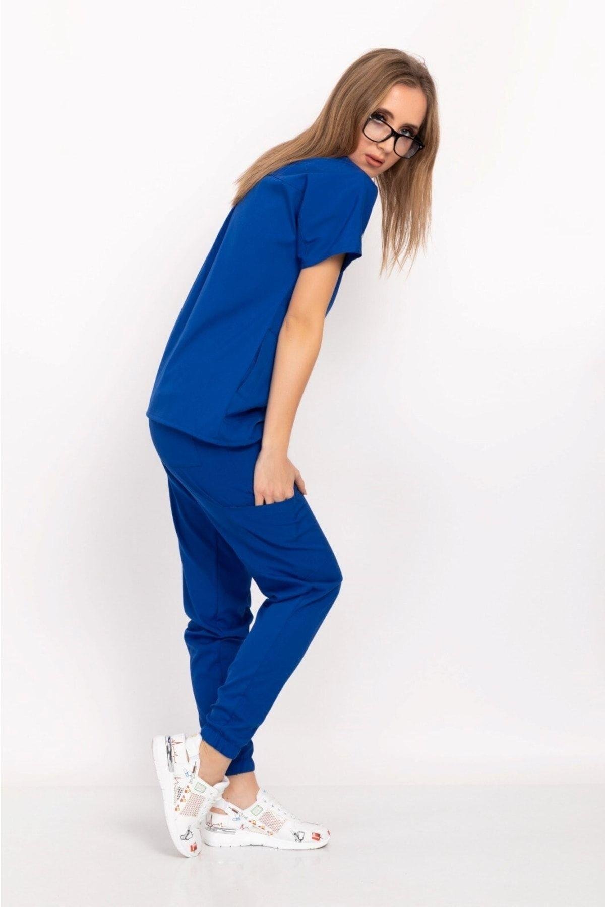 Saks Mavi Renk Çıt Çıtlı Hakim Yaka Soft Likra Doktor, Hemşire, Hastane, Nöbet Forma Takım-Nur Medikal Giyim