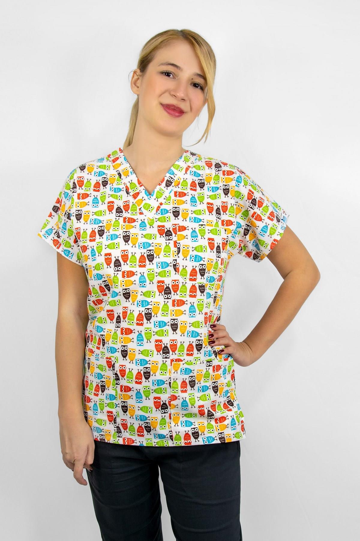 Sarı Baykuş Desenli Likralı Cerrahi Hemşire Doktor Üniforma Takım-Nur Medikal Giyim