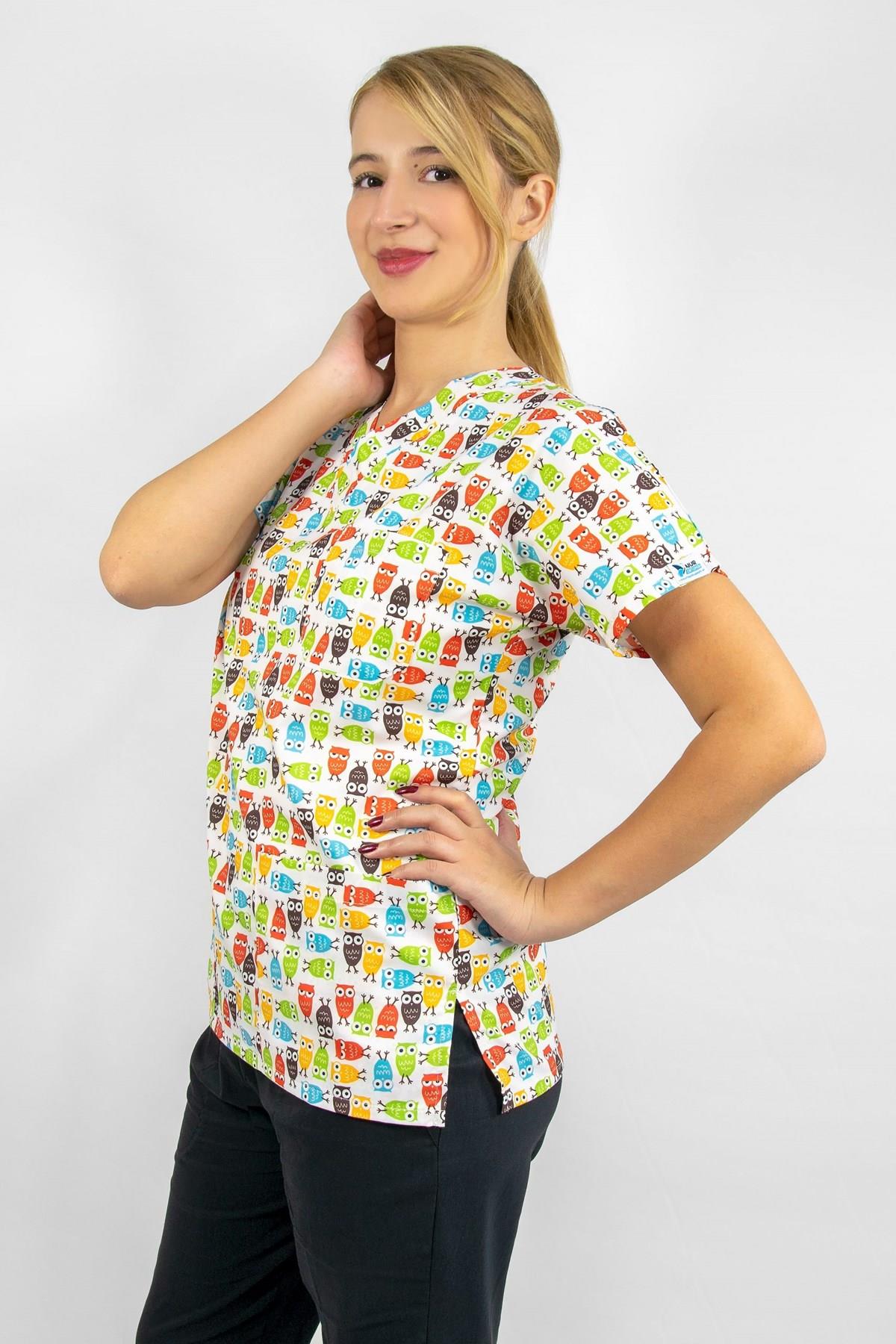 Sarı Baykuş Desenli Likralı Cerrahi Hemşire Doktor Üniforma Takım-Nur Medikal Giyim