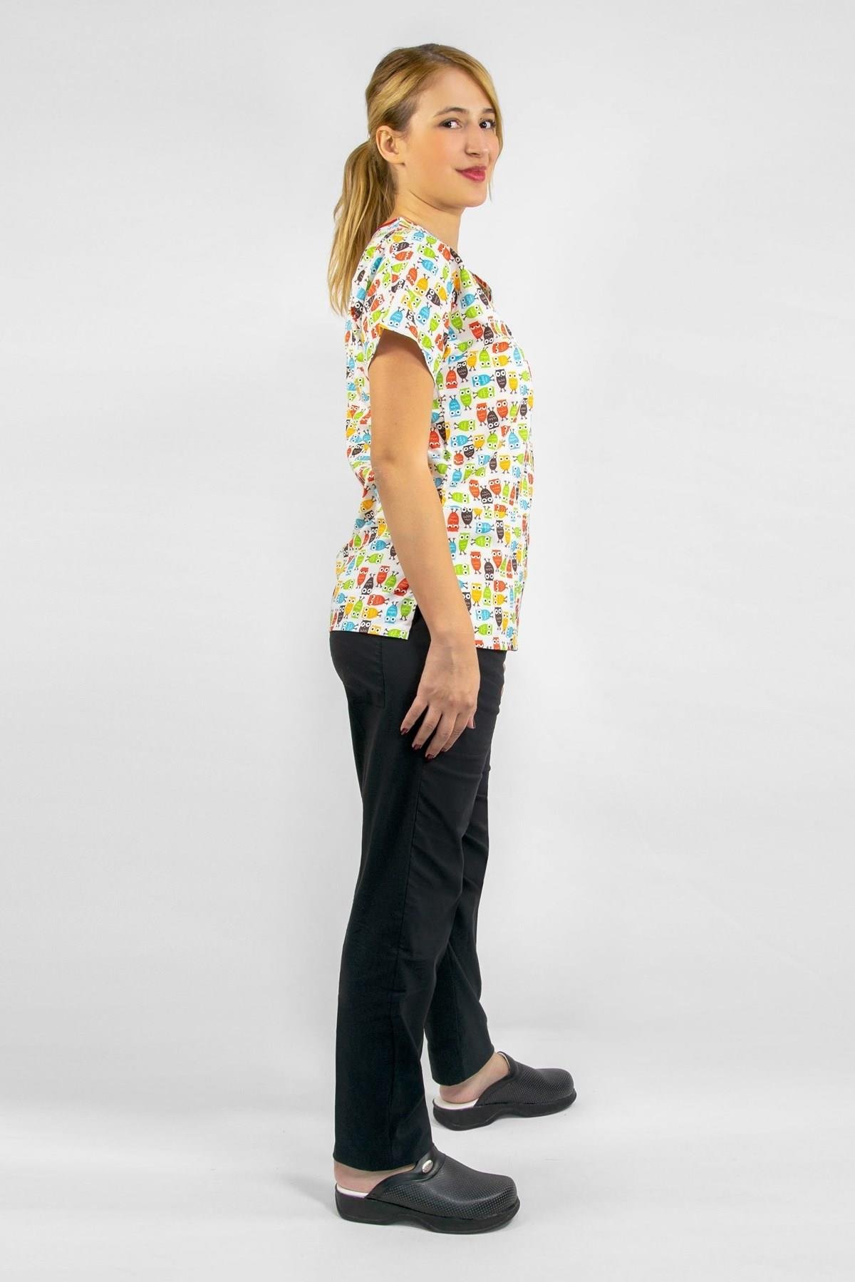 Sarı Baykuş Desenli Likralı Cerrahi Hemşire Doktor Üniforma Takım-Nur Medikal Giyim